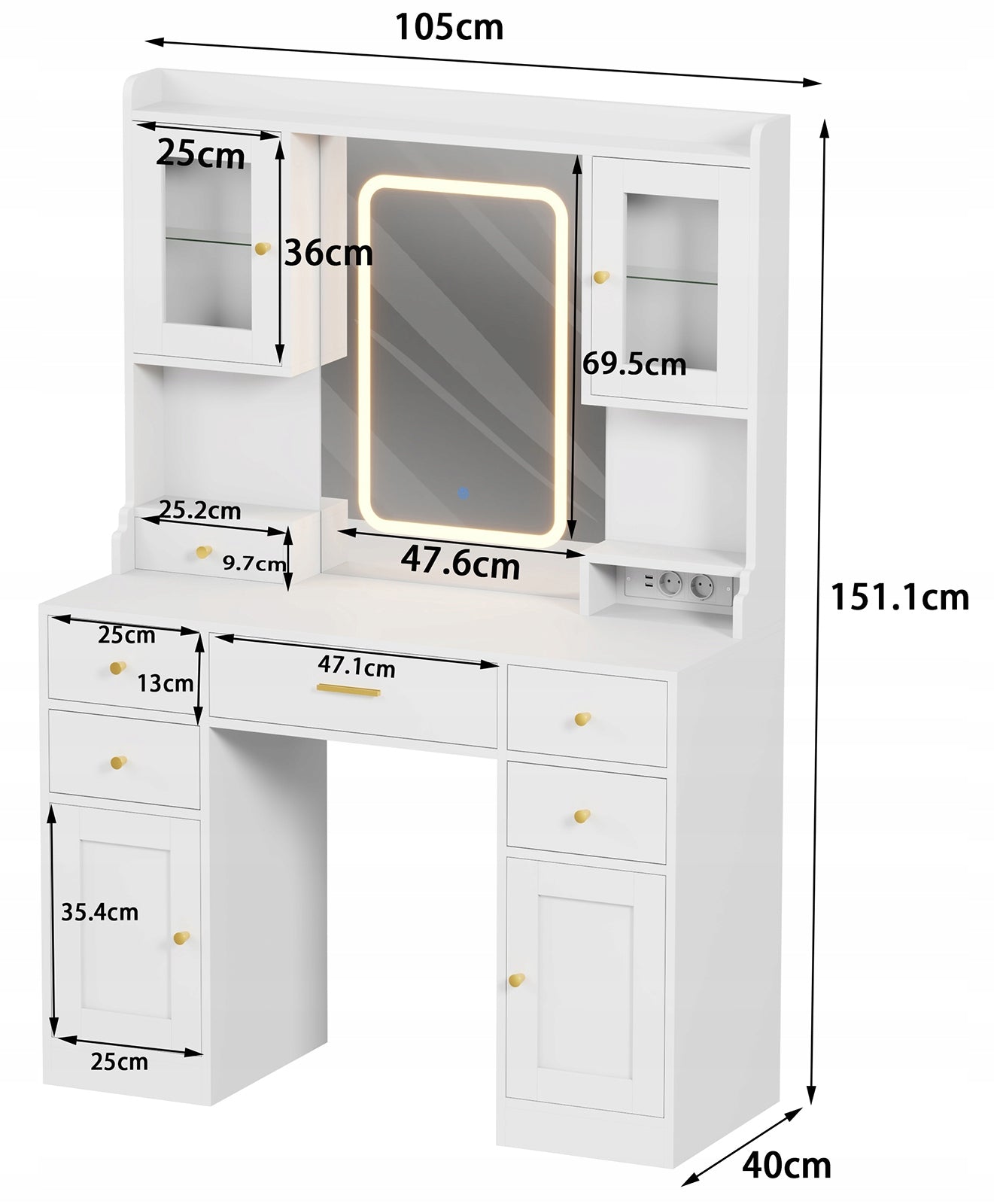 Dressing Table with LED mirror with cosmetic cabinet with makeup lighting Furniture depth 40 cm