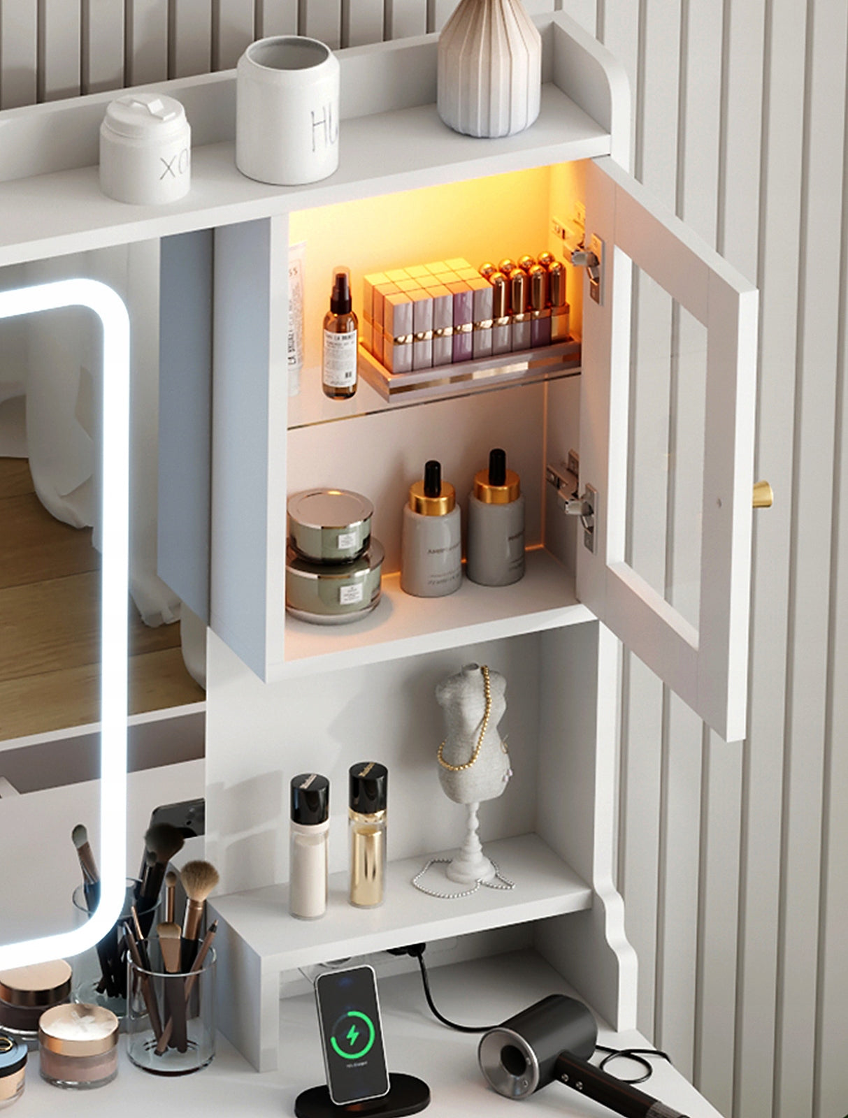 Dressing Table with LED mirror with cosmetic cabinet with makeup lighting Furniture height 140 cm