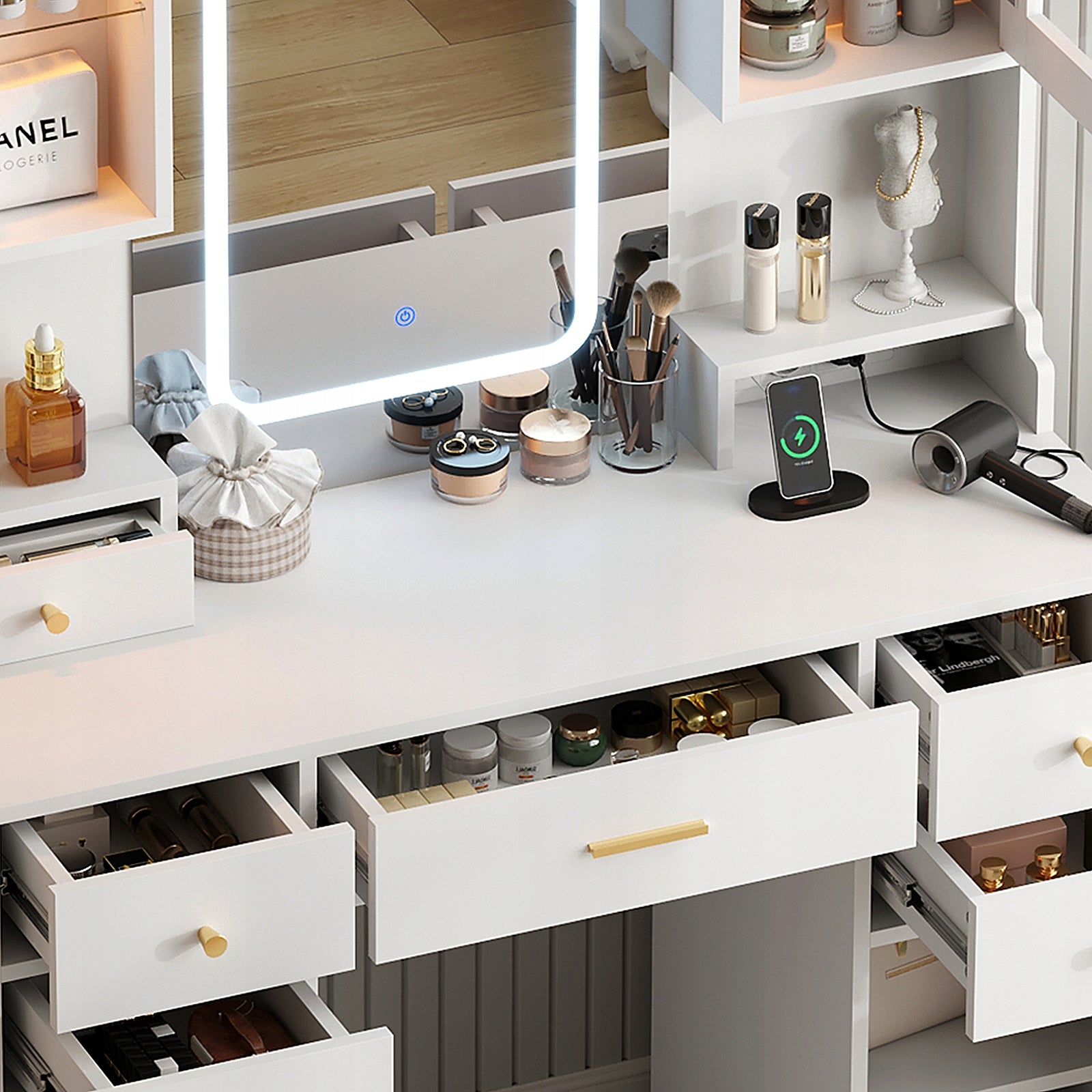 Dressing Table with LED mirror with cosmetic cabinet with makeup lighting Manufacturer code Toaletka kredens