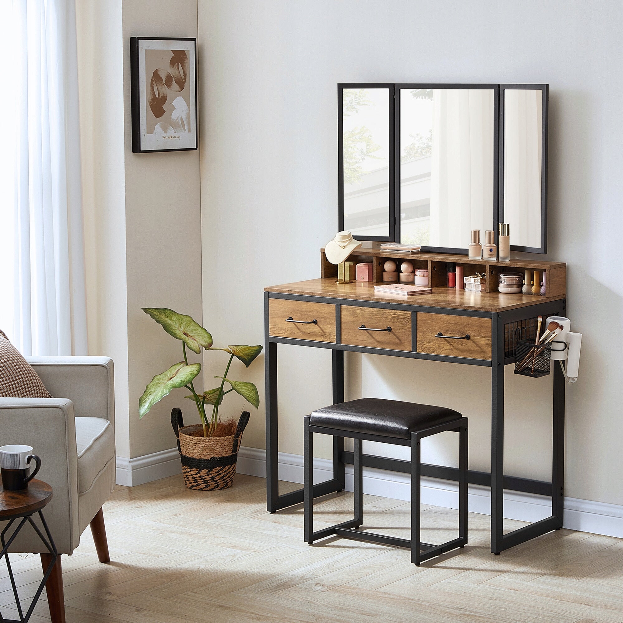Dressing Table with Mirror Chair Leather Rustic Bronze LOFT 4X Shelf 3X Drawer Furniture depth 41.5 cm