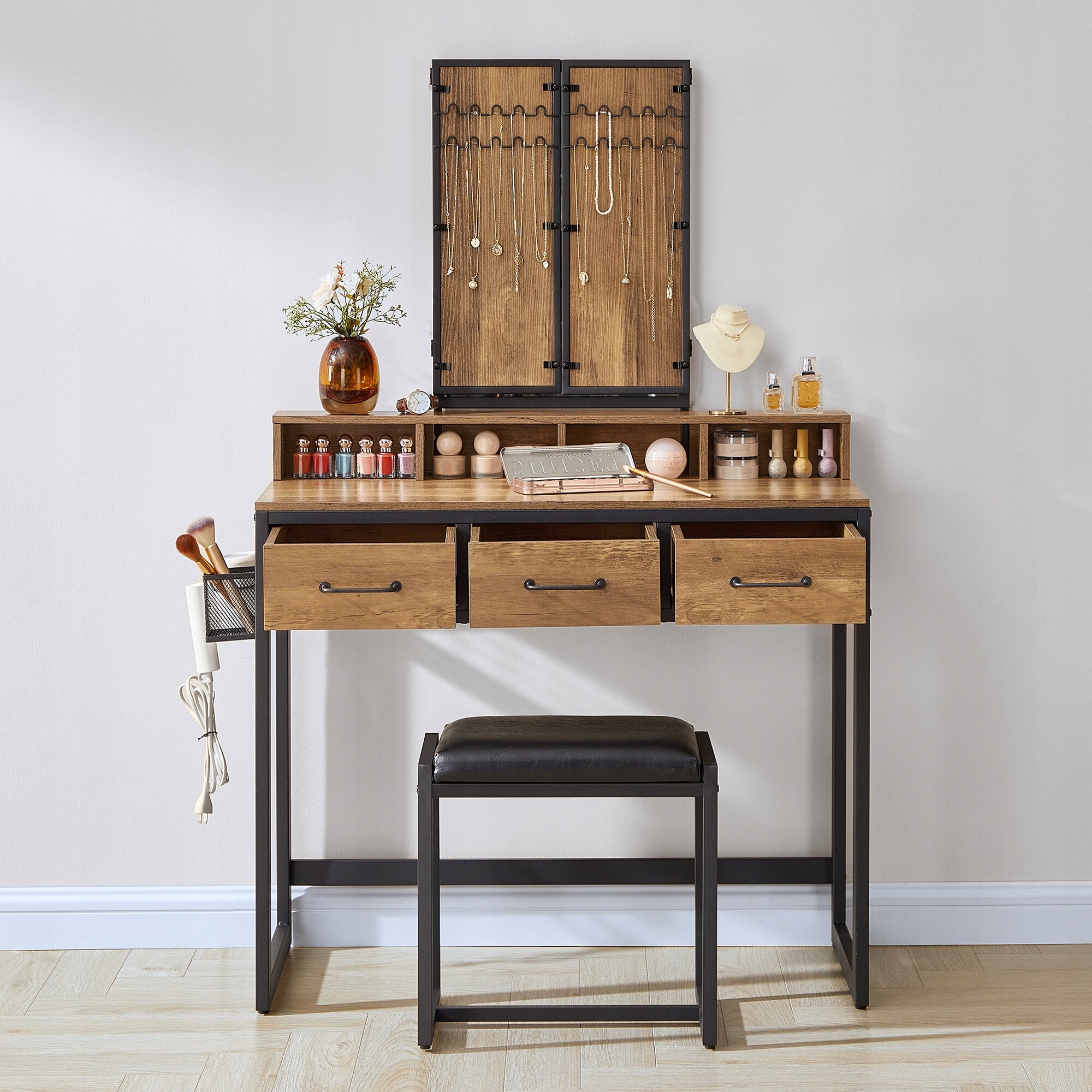 Dressing Table with Mirror Chair Leather Rustic Bronze LOFT 4X Shelf 3X Drawer Furniture height 141.5 cm