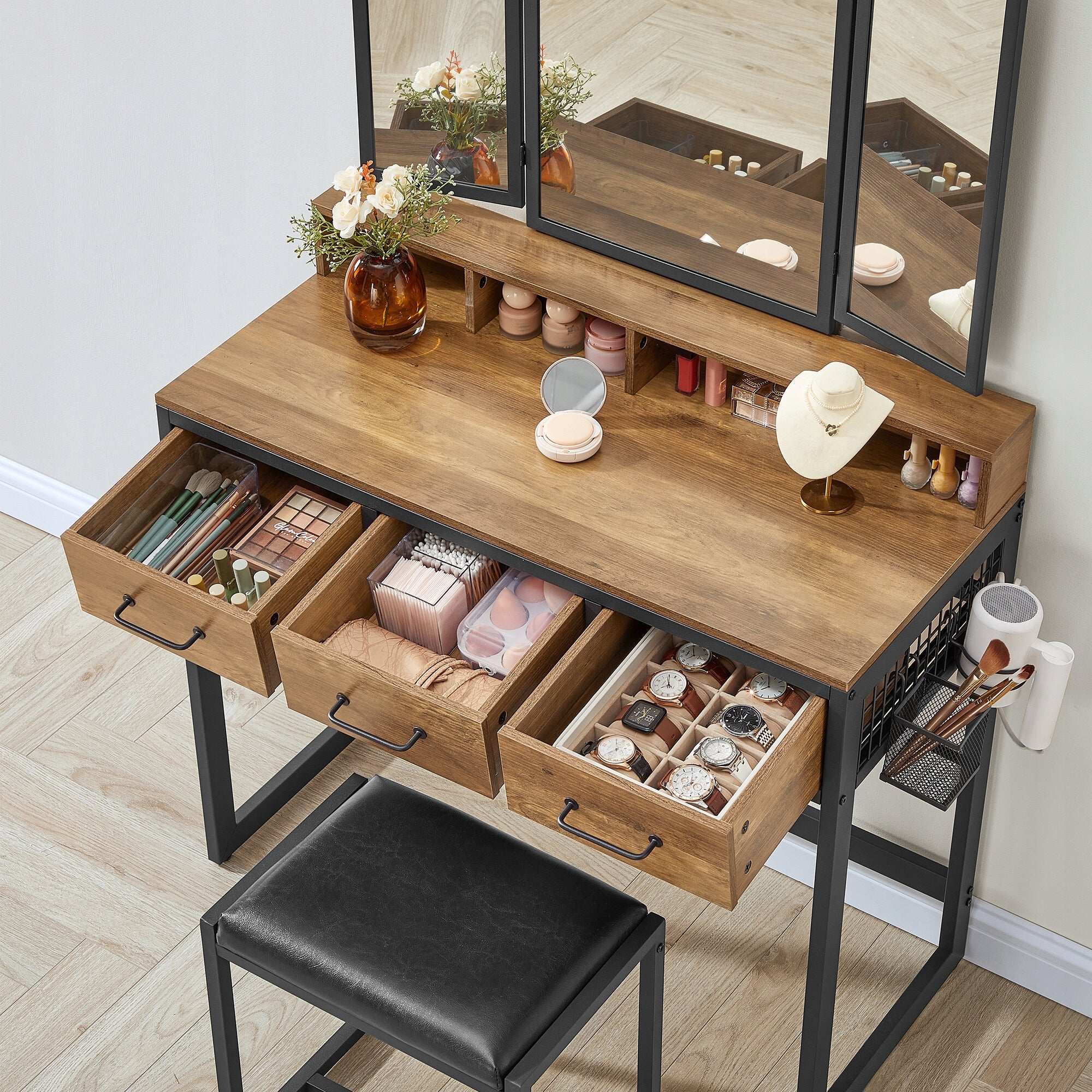 Dressing Table with Mirror Chair Leather Rustic Bronze LOFT 4X Shelf 3X Drawer Furniture width 90 cm