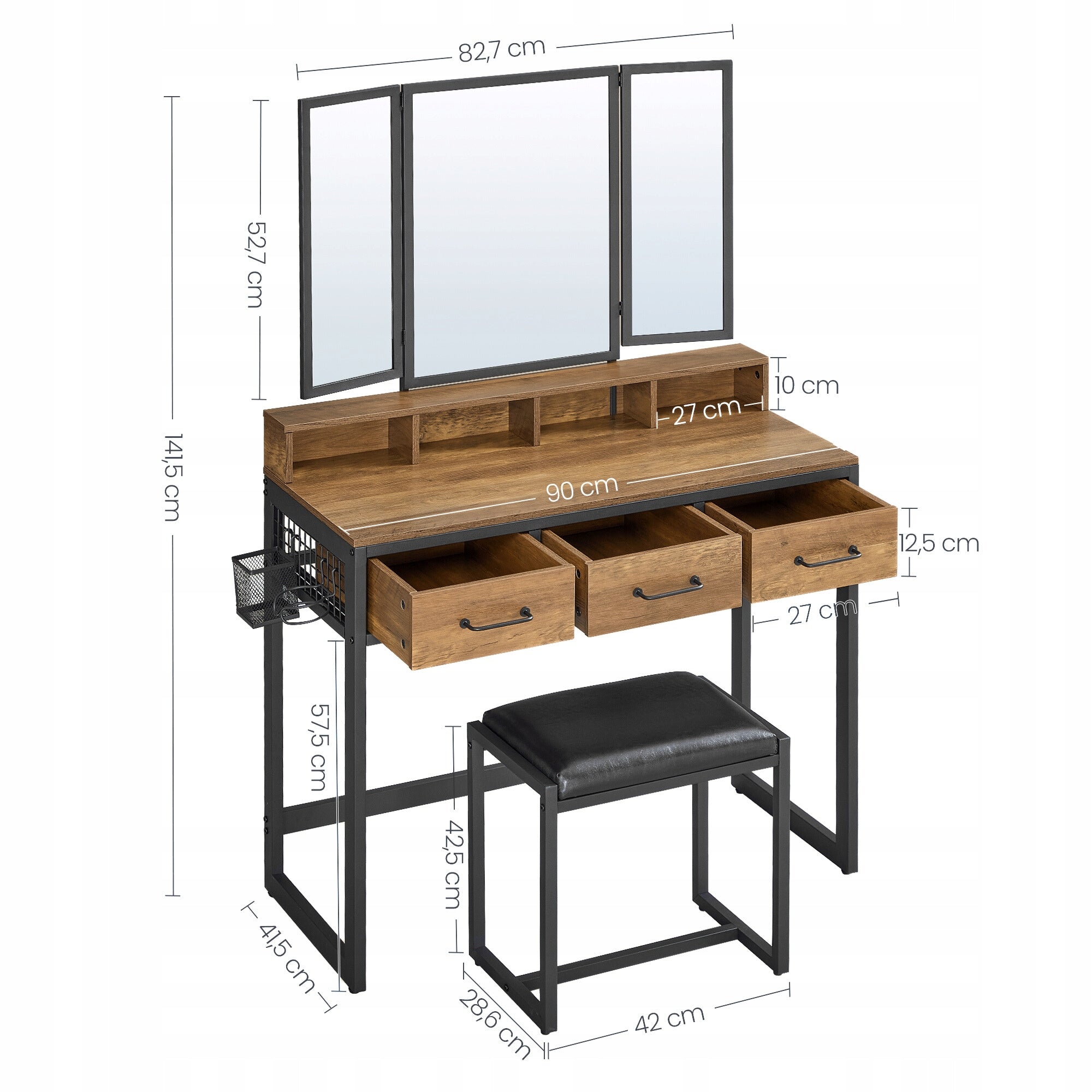 Dressing Table with Mirror Chair Leather Rustic Bronze LOFT 4X Shelf 3X Drawer Packaging status original