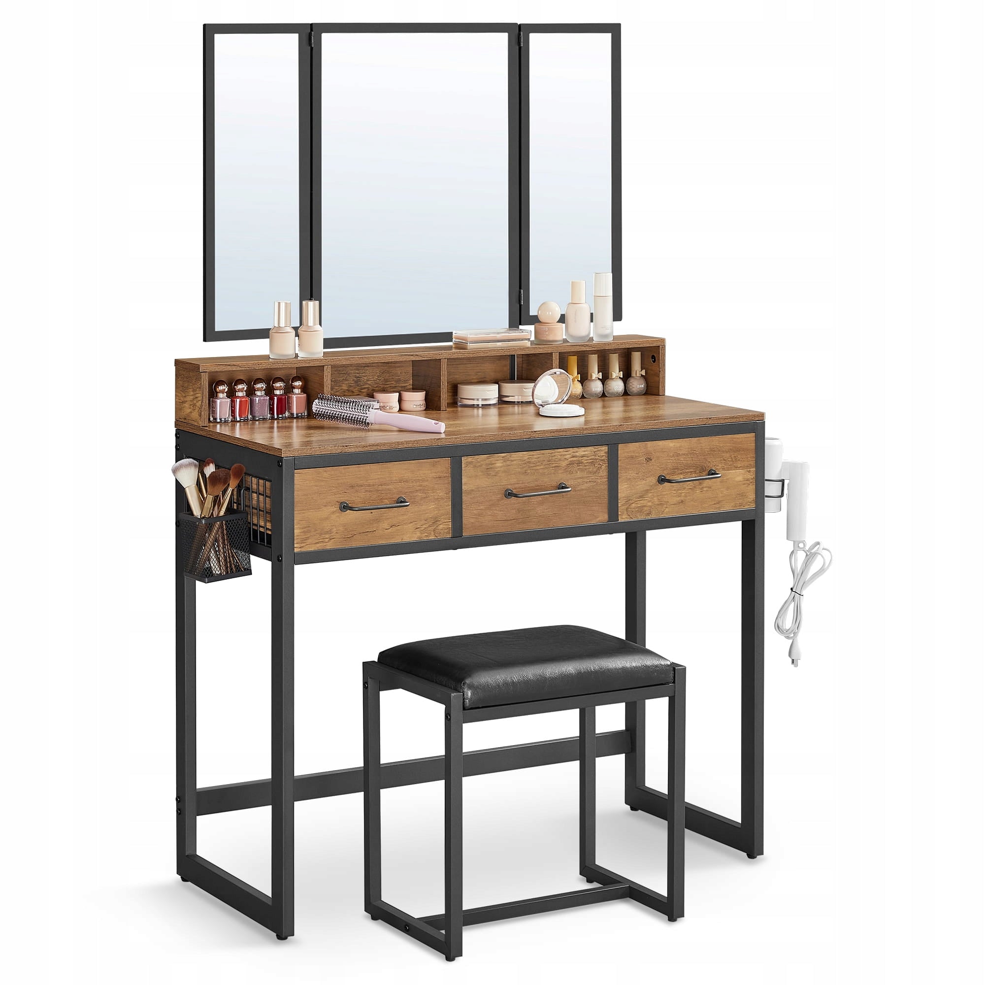 Dressing Table with Mirror Chair Leather Rustic Bronze LOFT 4X Shelf 3X Drawer