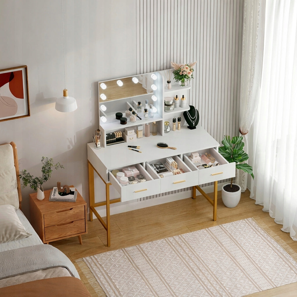 Dressing Table with lighting cosmetic white with mirror LED makeup Packaging status original