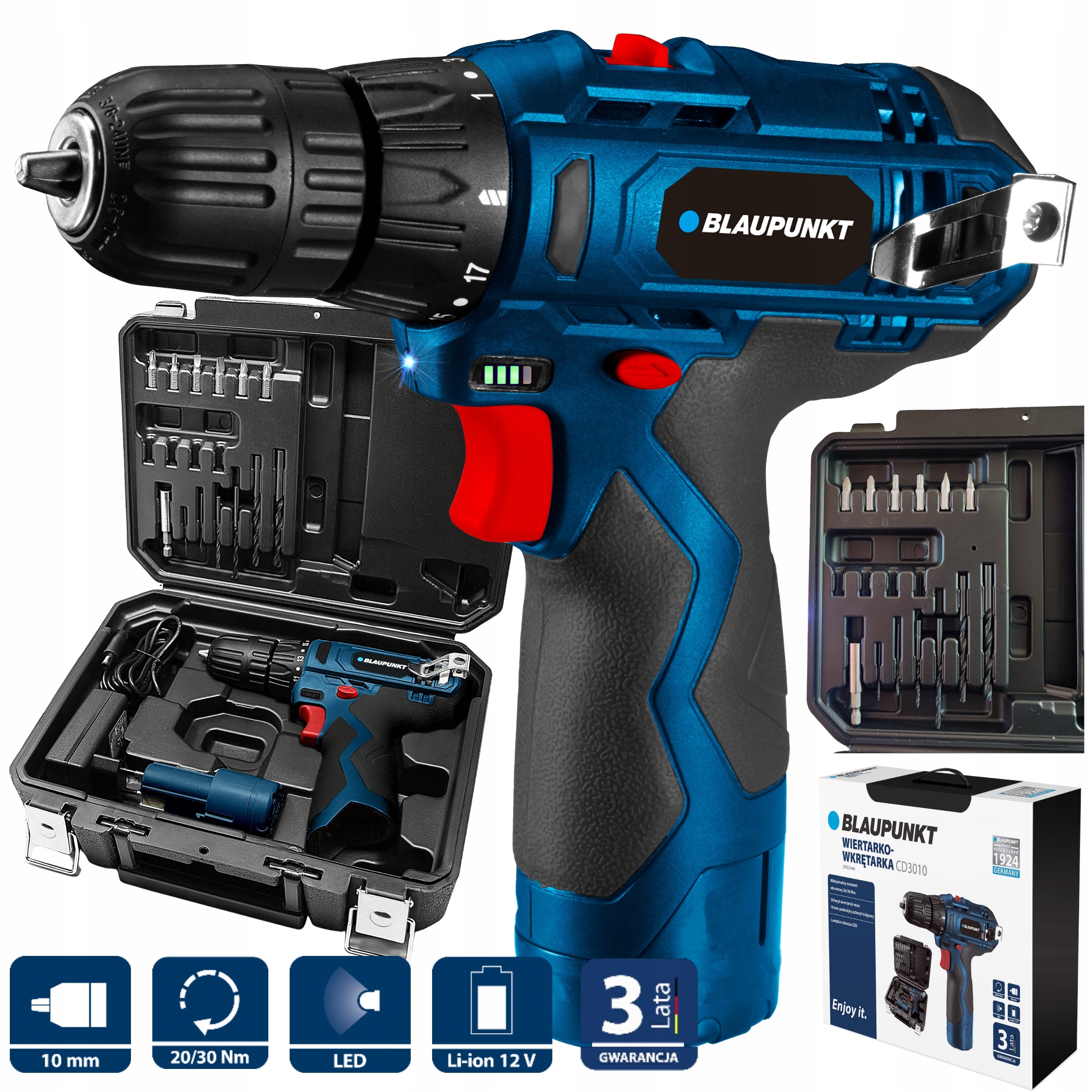 Drill/Driver Cordless Screwdriver 12V Set Suitcase Drill Bits