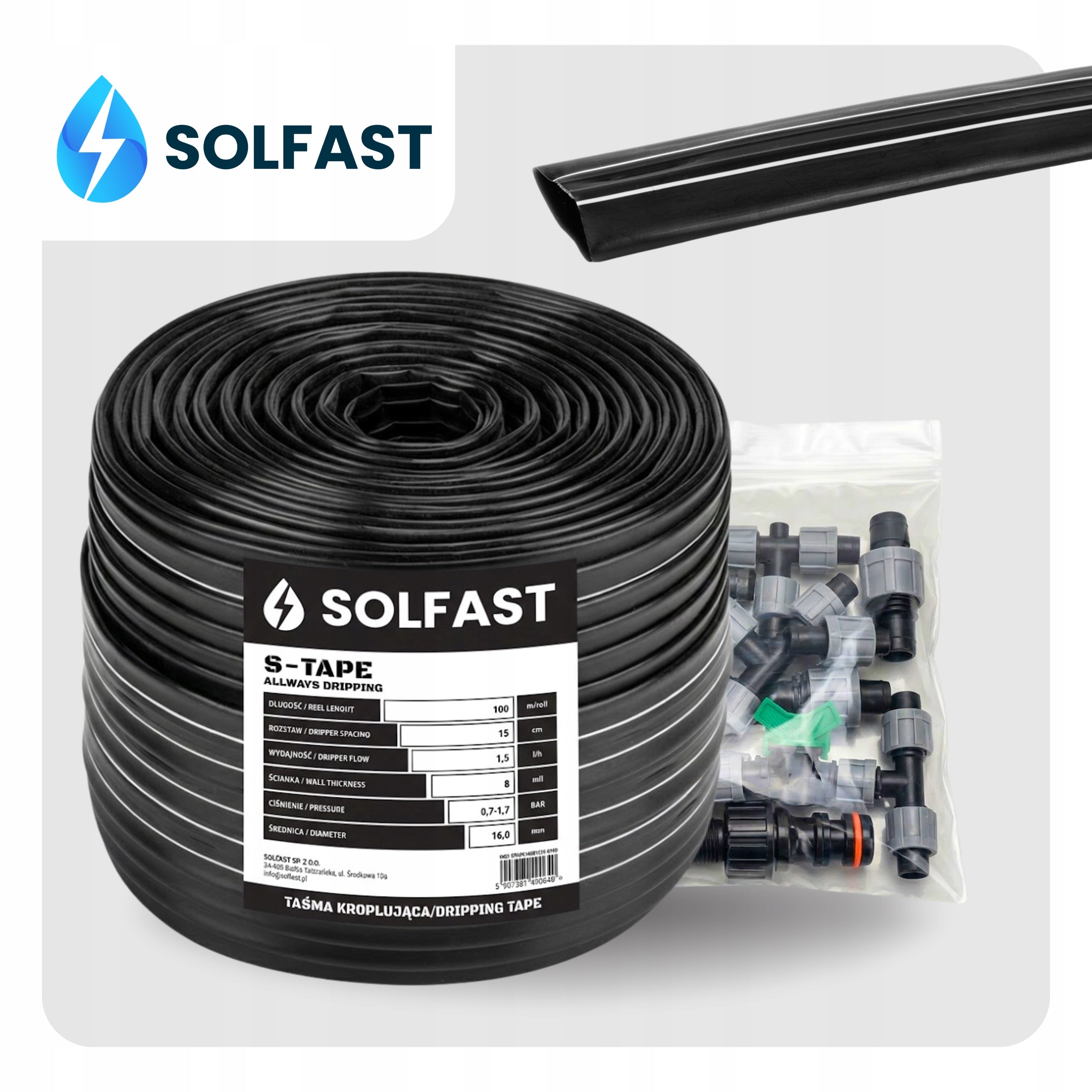 Drip Tape 15cm Line 100 m Irrigation Drip Hose Set SOLFAST Manufacturer code Taśma kroplująca 15 cm złączki akcesoria