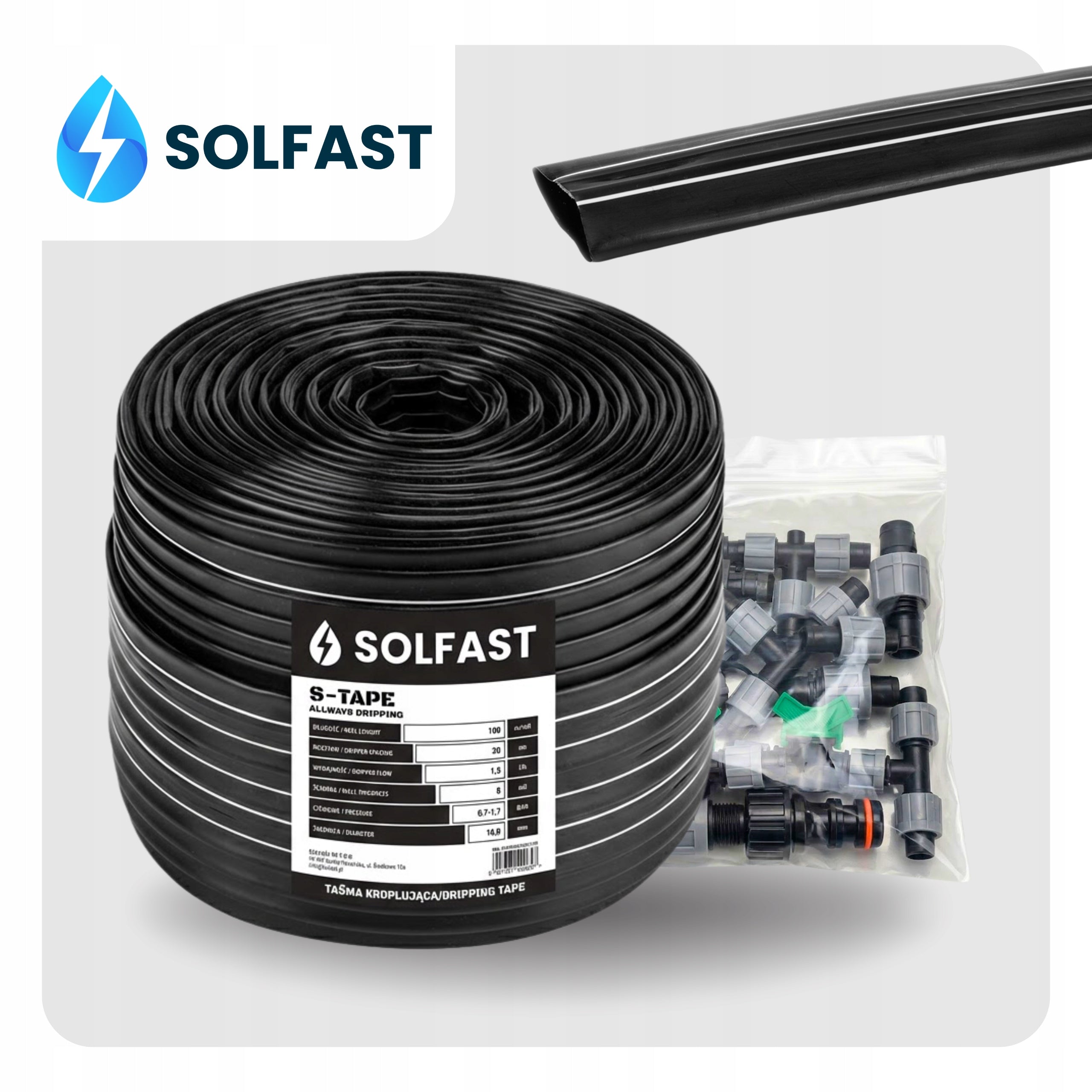 Drip Tape 20cm Line 100 m Drip Irrigation Hose Set SOLFAST Manufacturer code Taśma kroplująca 20 cm złączki akcesoria