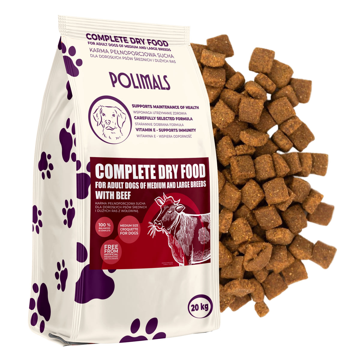 Dry dog food Polimals Beef 20 kg Adult Dog with Vitamins Packaging status original
