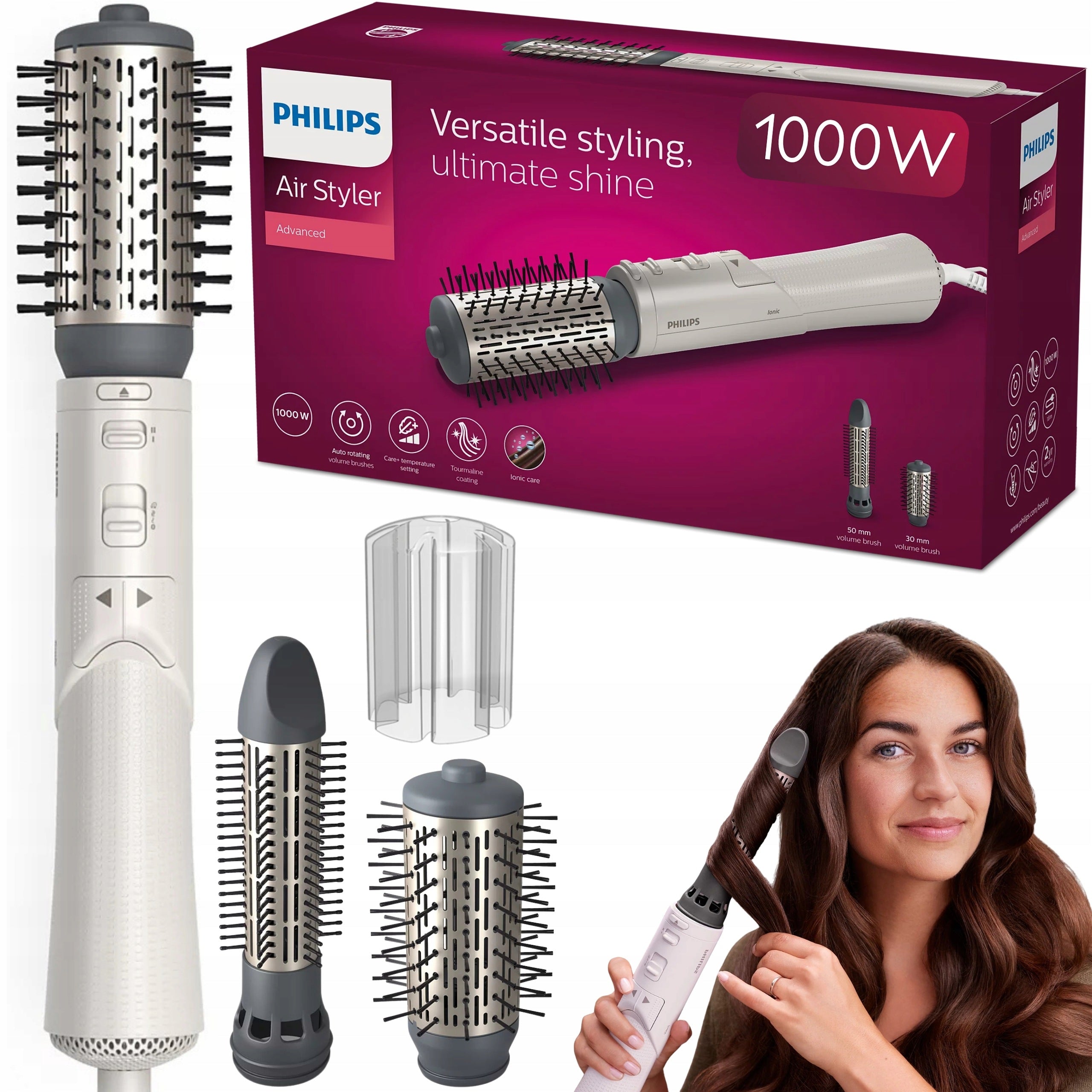 Dryer Curler PHILIPS 1000W Rotating Ionization Curler Dryer 2caps