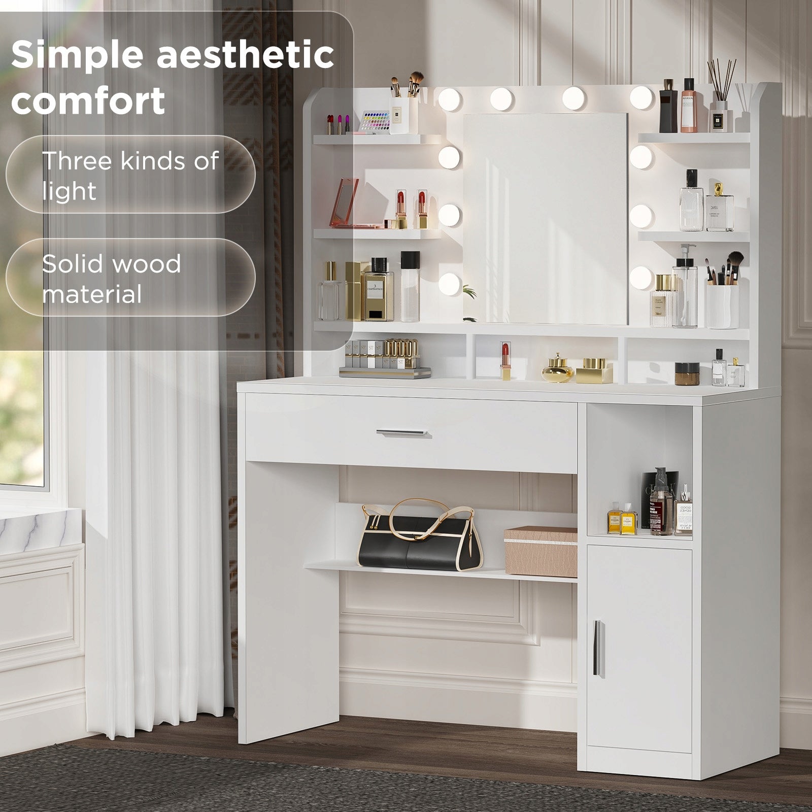 Duża Toaletka kosmetyczna Biały z dużym lustrem i 10 LED, 140x108x40cm Furniture height 140 cm