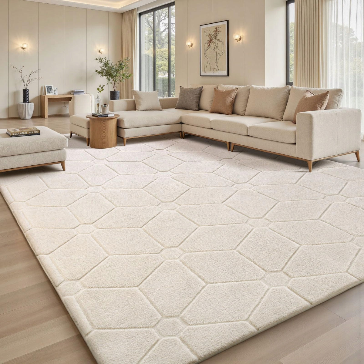 Dywan żakardowy ecru 200x300 cm miękki do salonu w stylu loft