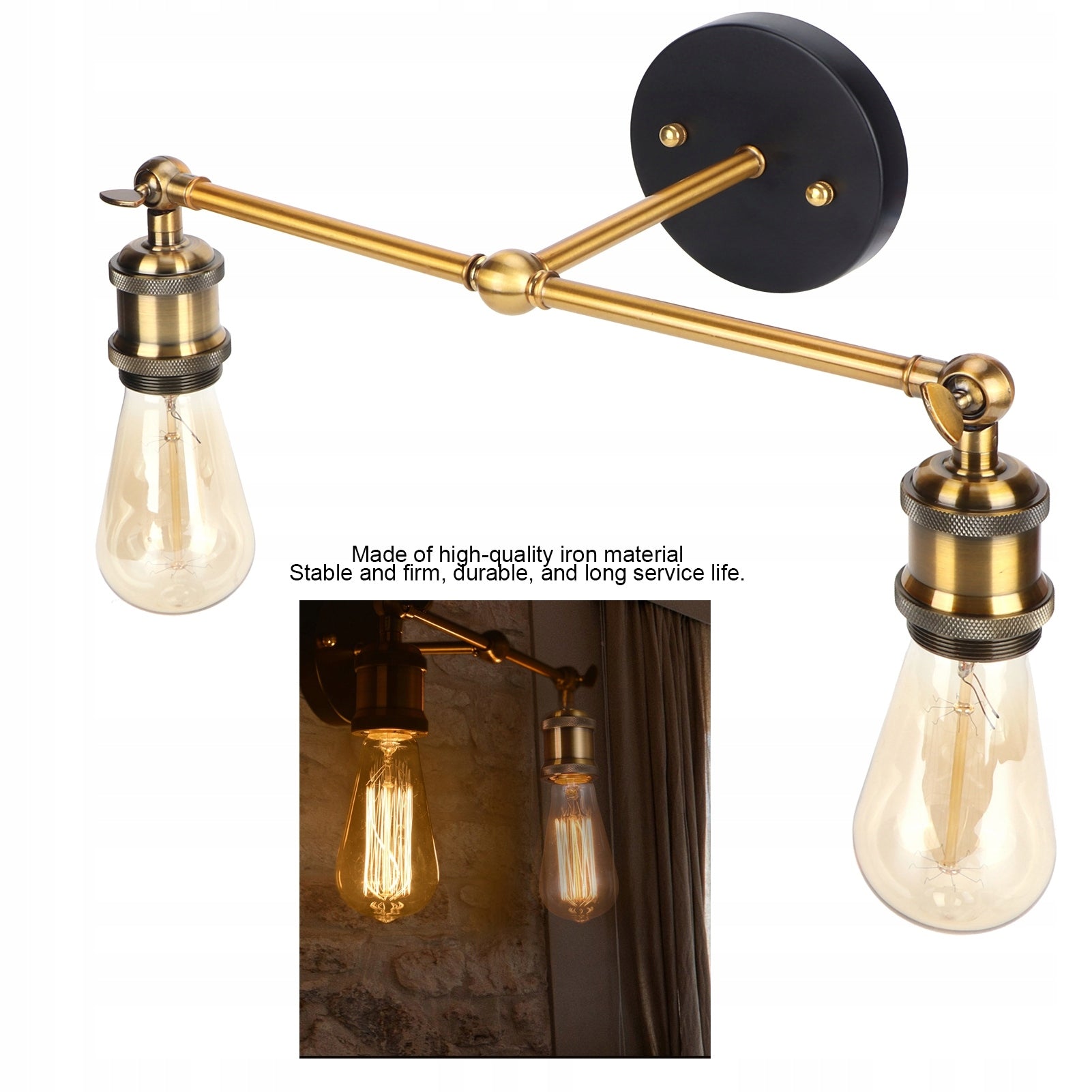E27 Wall lamp with double head in retro style. Decorative lamp E0 Light source power 1 W