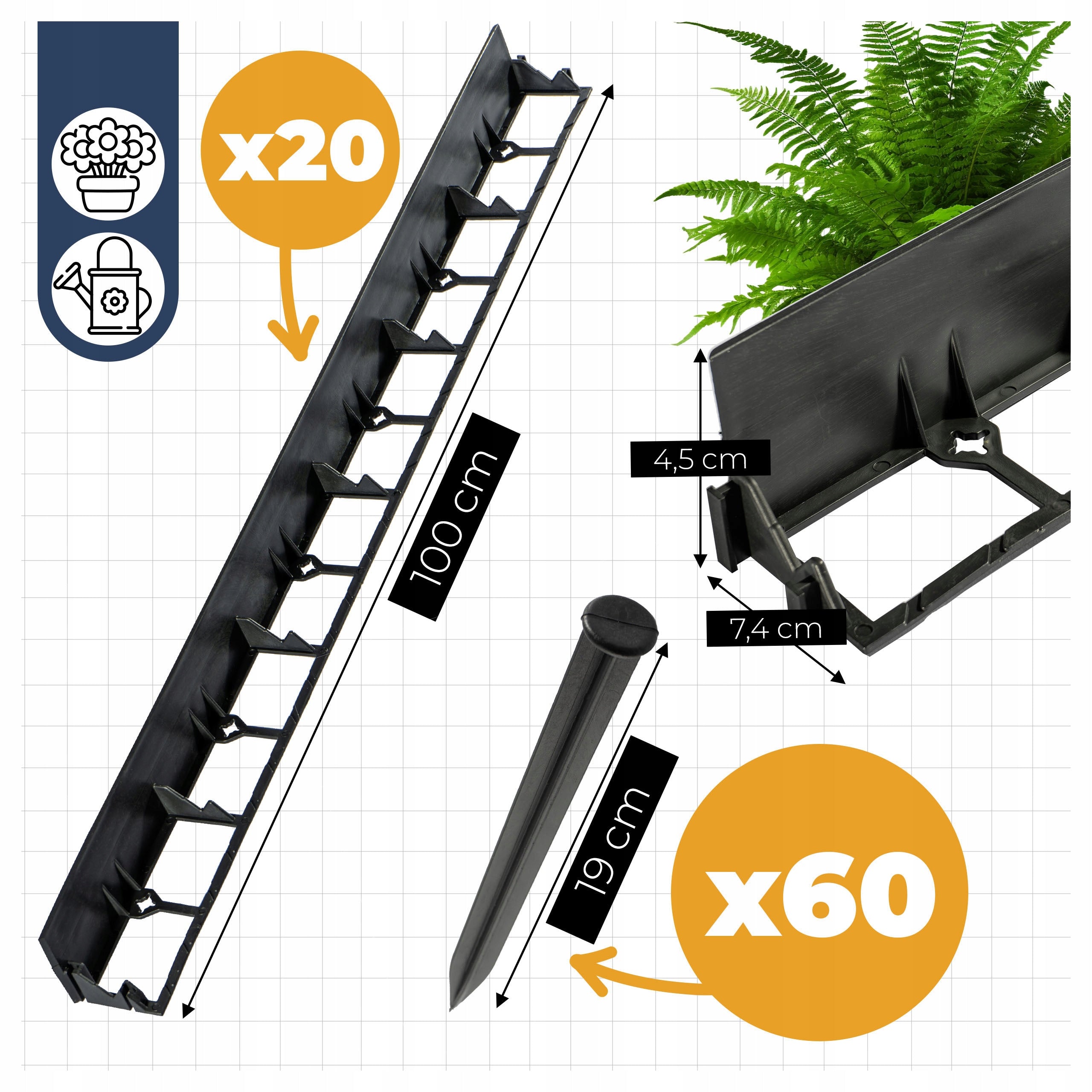 EDGING 4,5CM 20M + 60 LAWN ANCHORS GARDEN FLEXIBLE BLACK BORDER Packaging status original