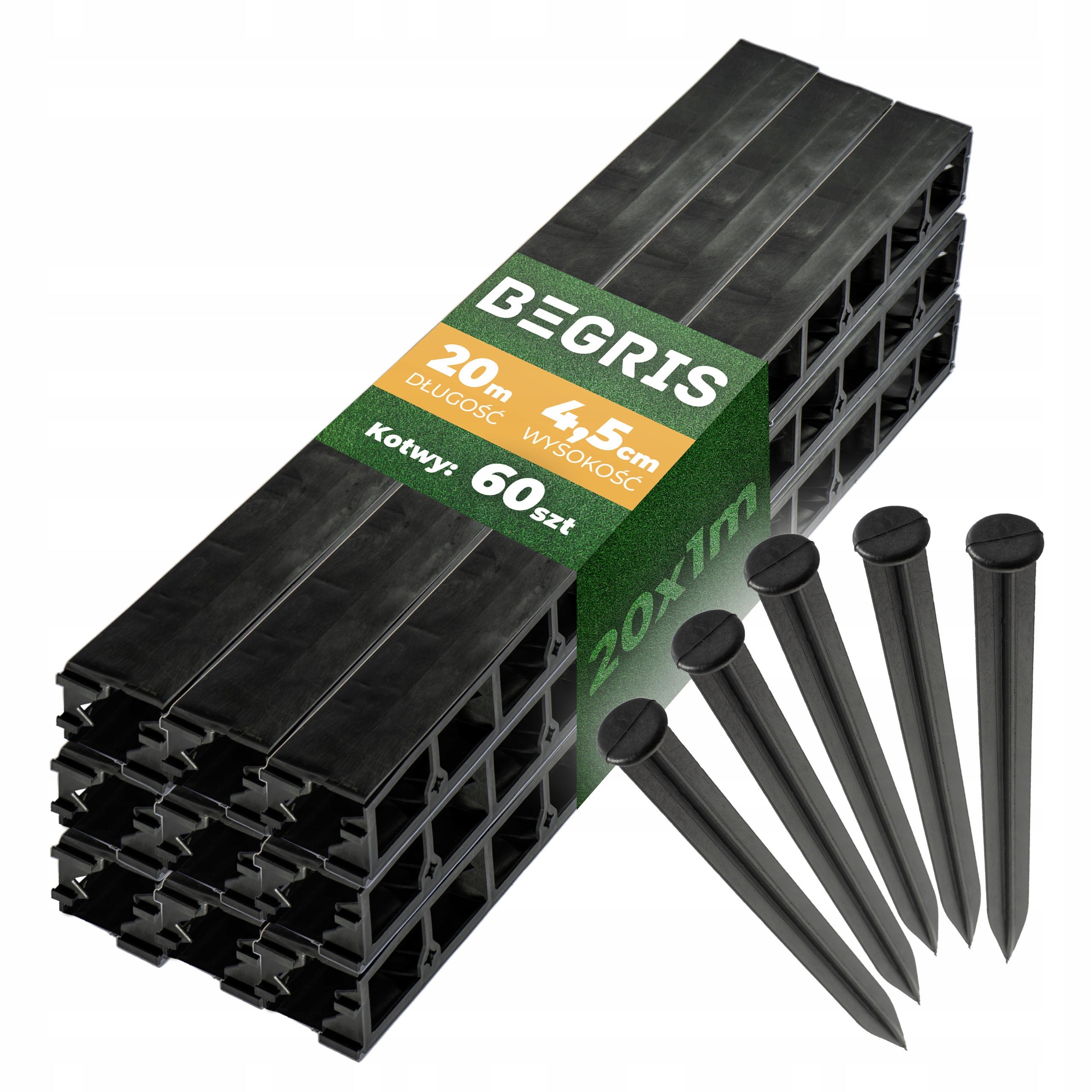 EDGING 4,5CM 20M + 60 LAWN ANCHORS GARDEN FLEXIBLE BLACK BORDER
