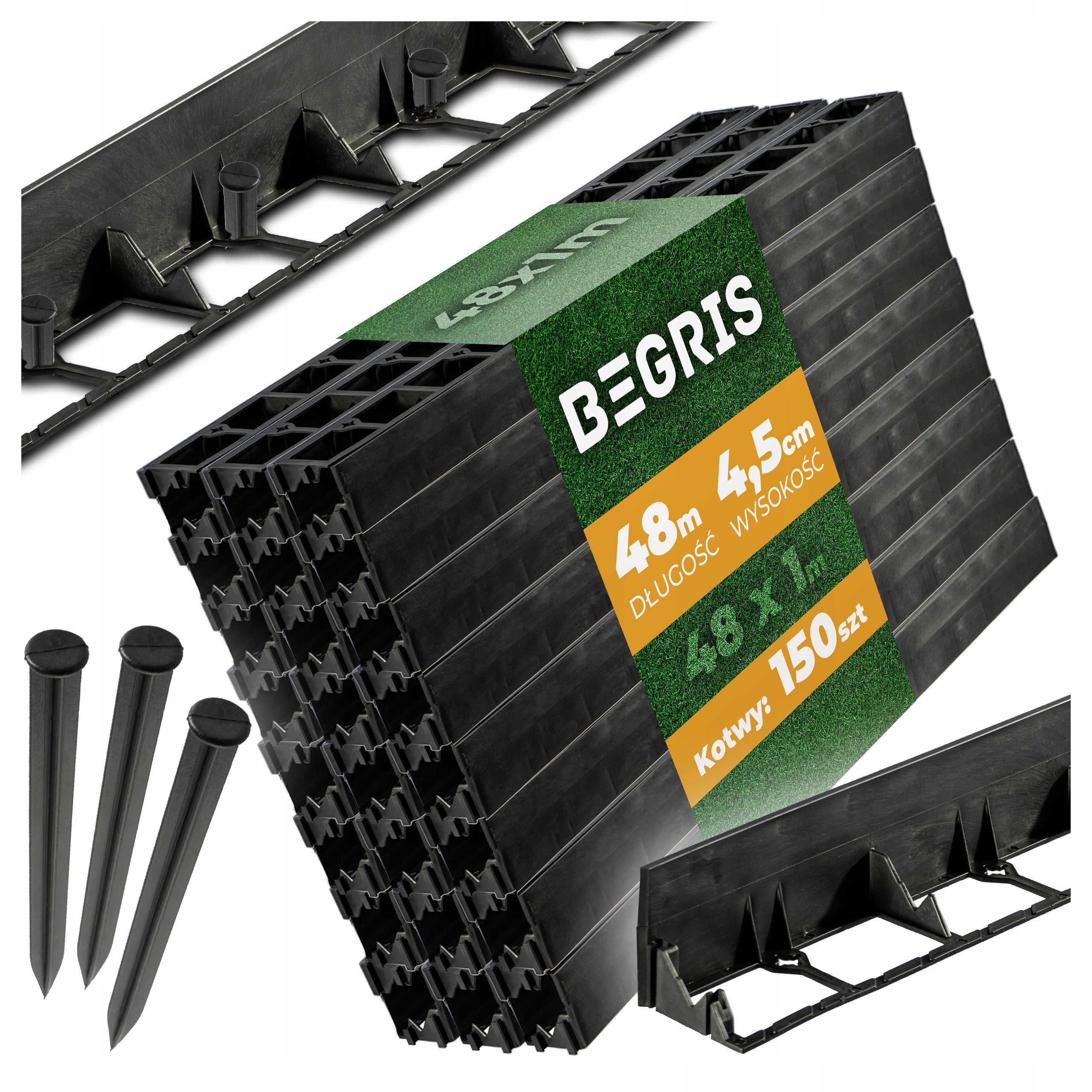 EDGING 4,5CM 48M + 150 LAWN ANCHORS GARDEN FLEXIBLE BLACK BORDER