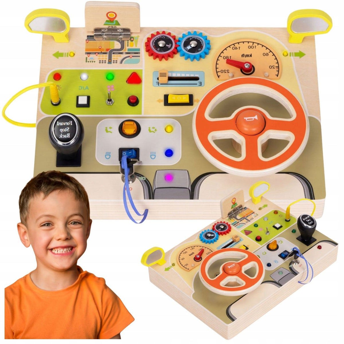 EDUCATIONAL BOARD WOODEN SENSORY CAR FOR BOY STEERING WHEEL LED