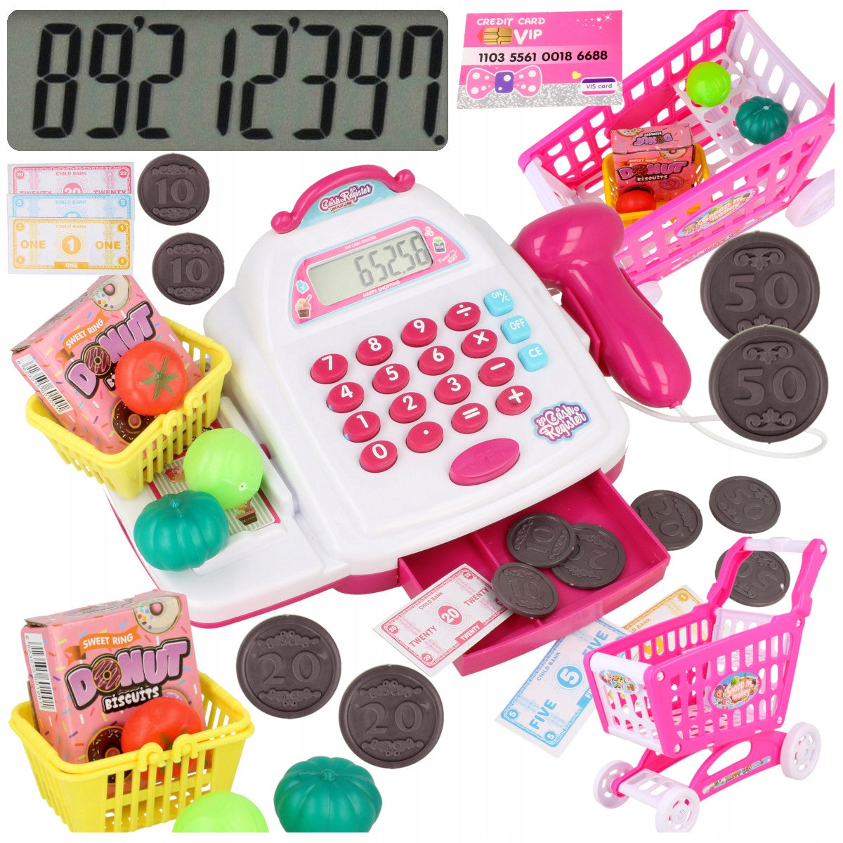 EDUCATIONAL CASH REGISTER SHOP FOR CHILDREN TROLLEY BASKET ACCESSORIES LCD Brand Stator