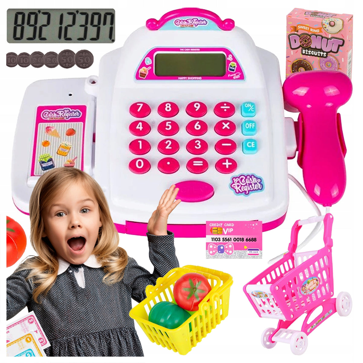 EDUCATIONAL CASH REGISTER SHOP FOR CHILDREN TROLLEY BASKET ACCESSORIES LCD