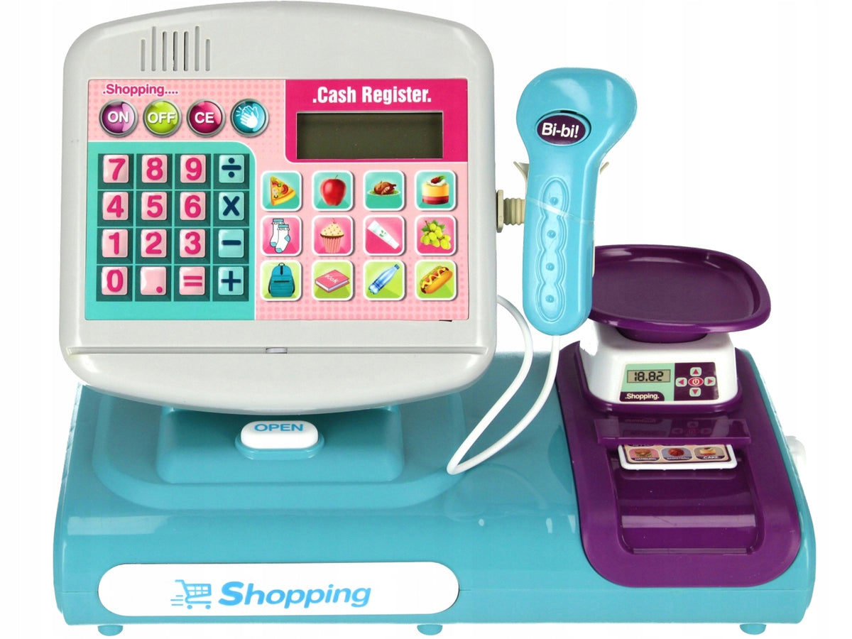 EDUCATIONAL CASH REGISTER Shop Calculator Weight Scanner Basket SOUND Color blue