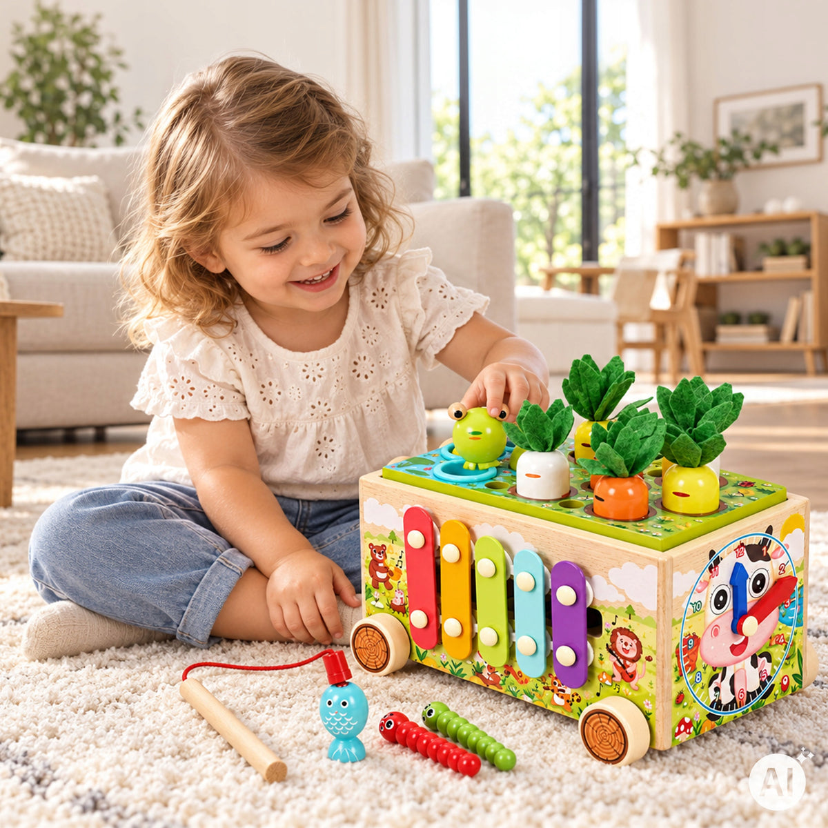 EDUCATIONAL CUBE FOR CHILDREN WOODEN FROG 8IN1 TROLLEY SORTER CYMBALS Packaging status original