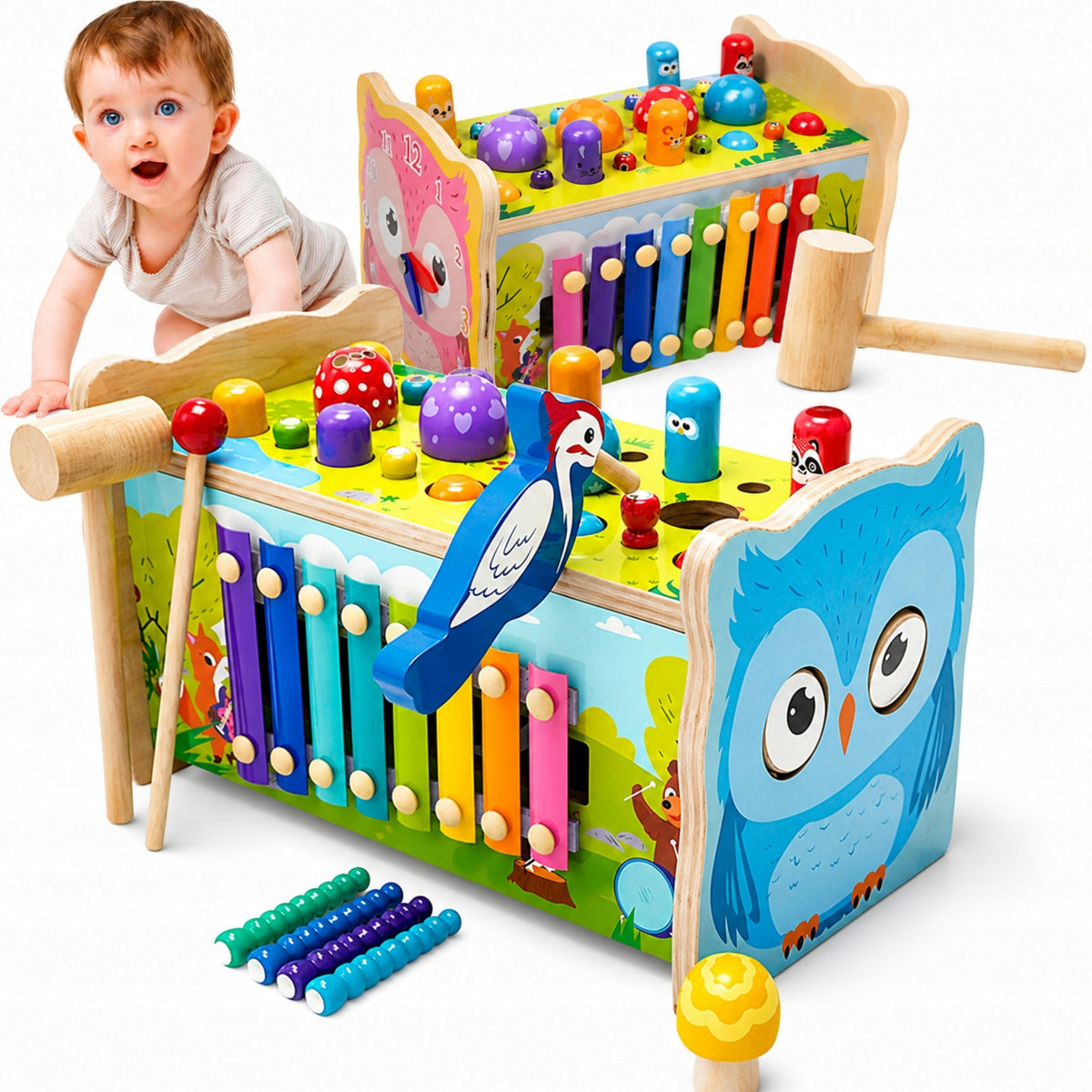 EDUCATIONAL CUBE MONTESSORI WOODEN HAMMER CYMBAL PUZZLE BLOCKS MON