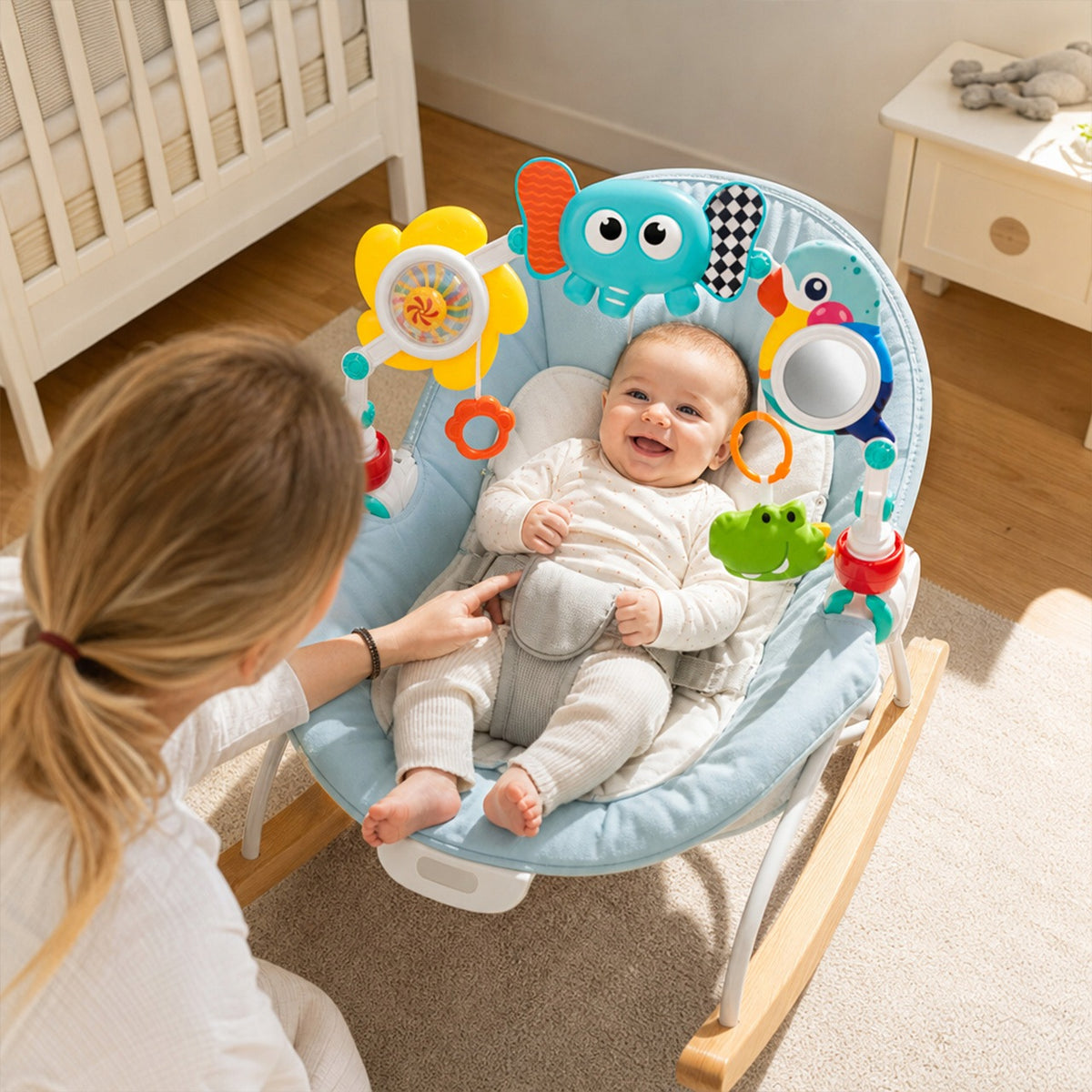 EDUCATIONAL HEADBAND FOR CRIB AND STROLLER ELEPHANT WITH MIRROR AND PENDANTS Brand MalPlay