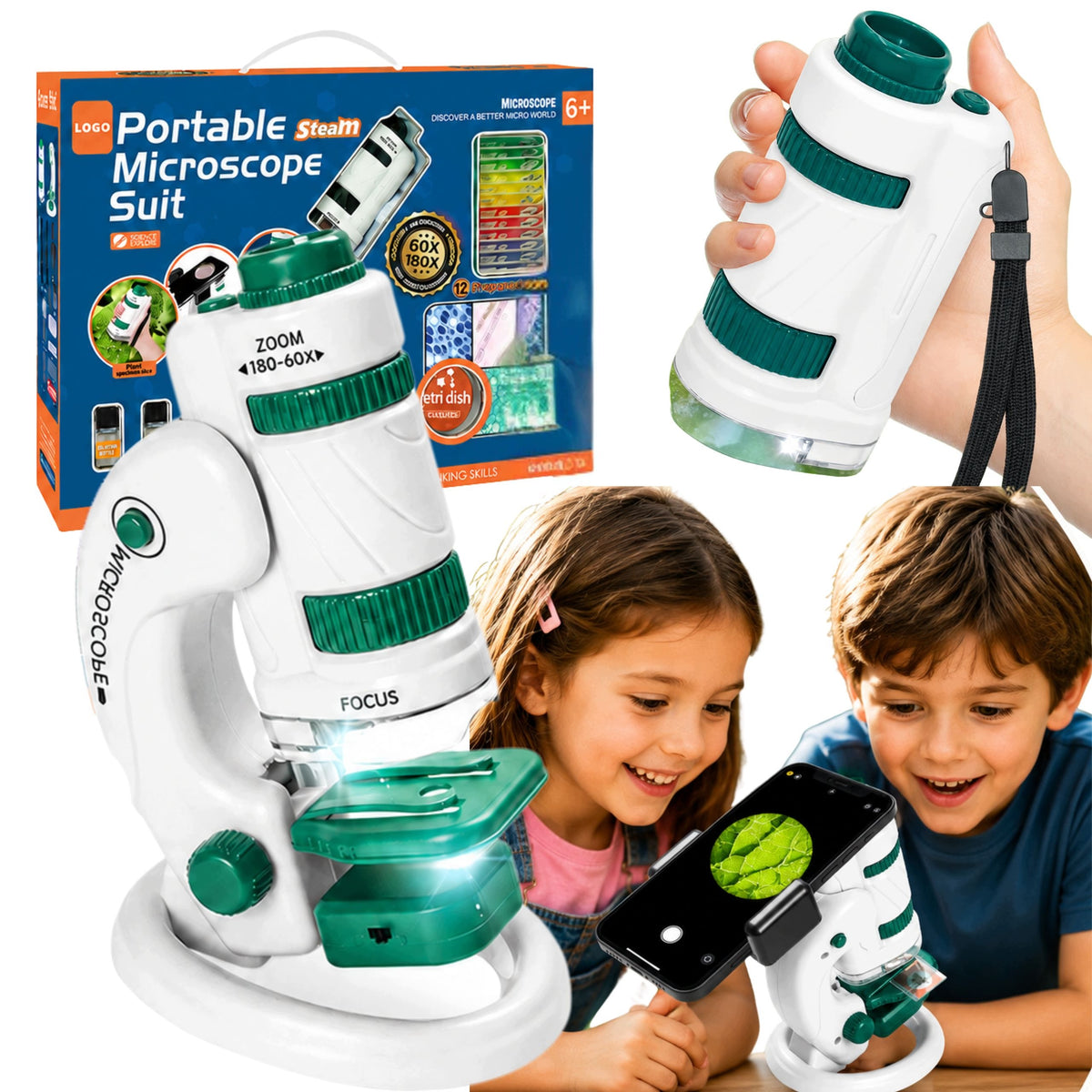 EDUCATIONAL MICROSCOPE FOR CHILDREN 2in1 MOBILE PORTABLE CREATIVE SET 6+