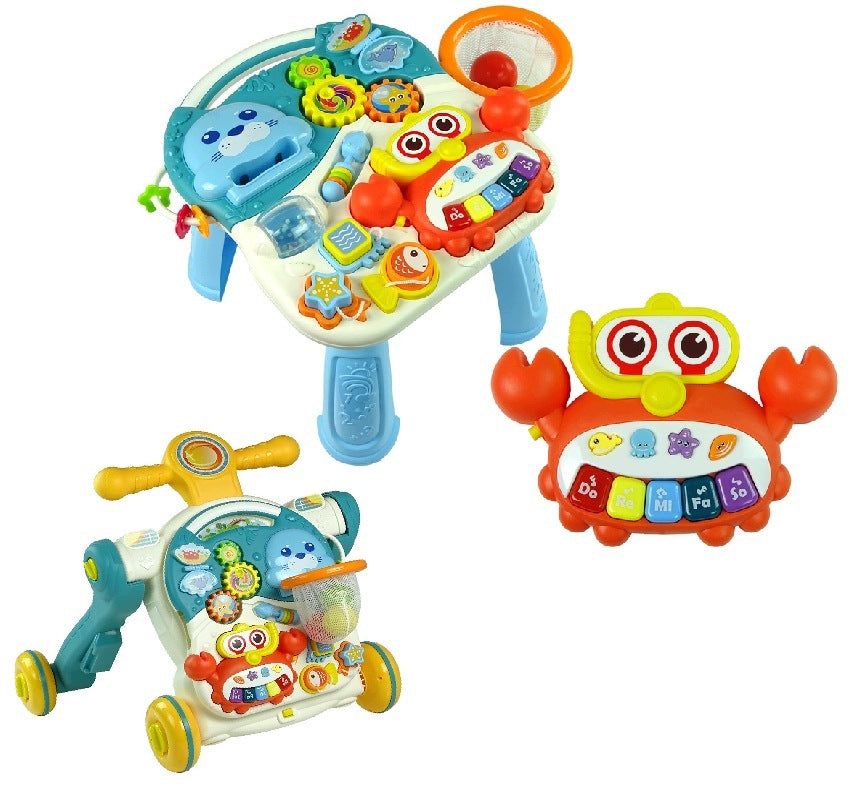 EDUCATIONAL PUSHER TABLE 4IN1 SCOOTER BIKE BASKET BALLS CUBES BLUE
