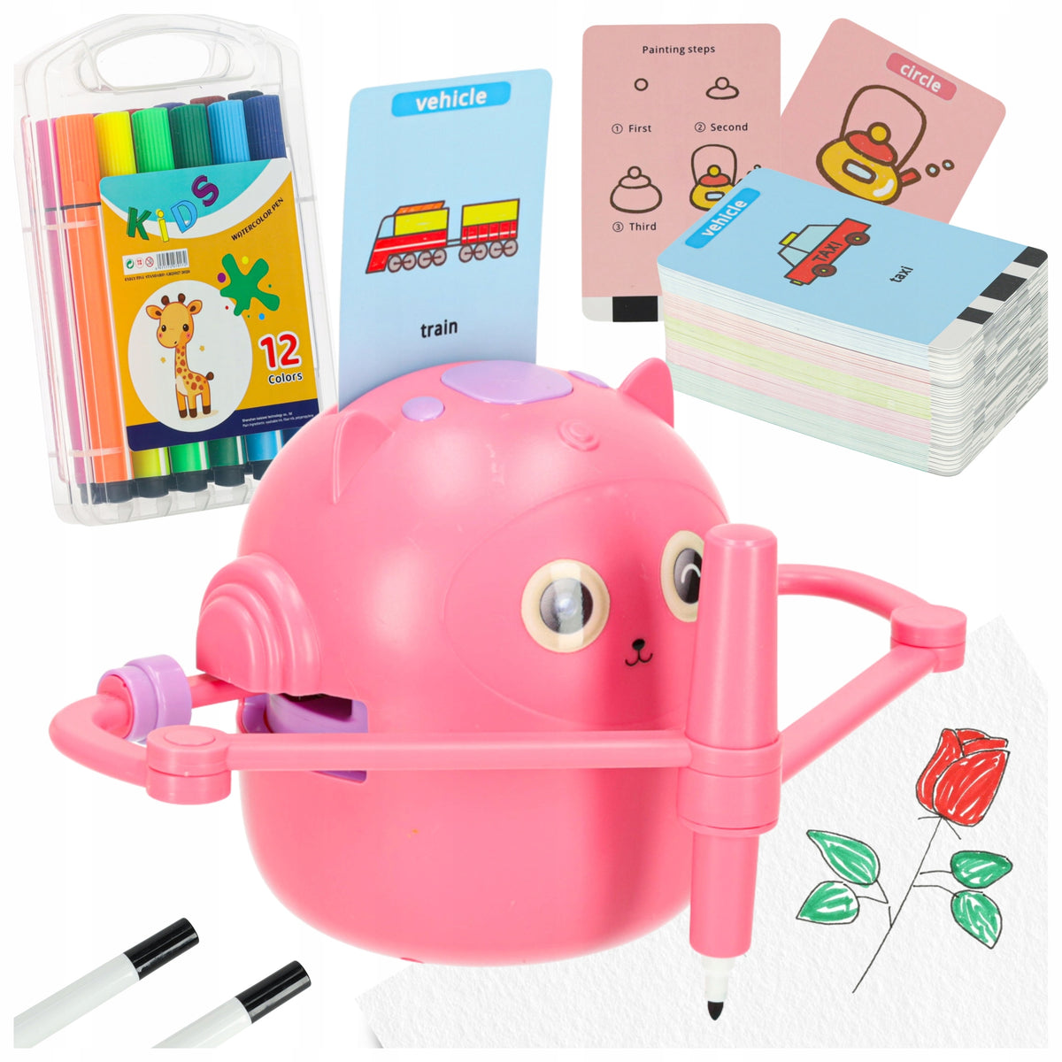 EDUCATIONAL ROBOT FOR LEARNING DRAWING AND ENGLISH SET OF 100 CARDS PINK