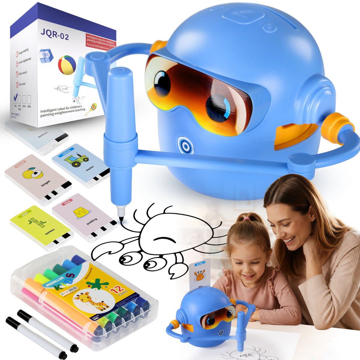 EDUCATIONAL ROBOT FOR LEARNING DRAWING AND ENGLISH SET OF 100 FLASHCARDS