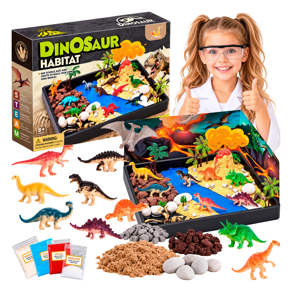 EDUCATIONAL SET FOR CHILDREN DINOSAUR FIGURINES SAND AND ERUPTING VOLCANO