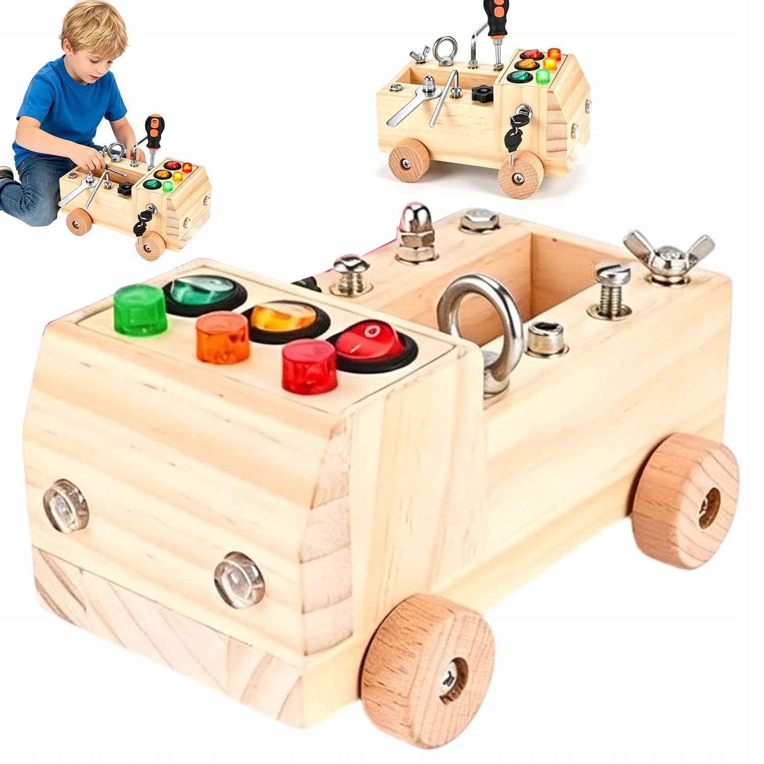 EDUCATIONAL SET WOODEN CAR MONTESSORI TOOLS LED KEYS