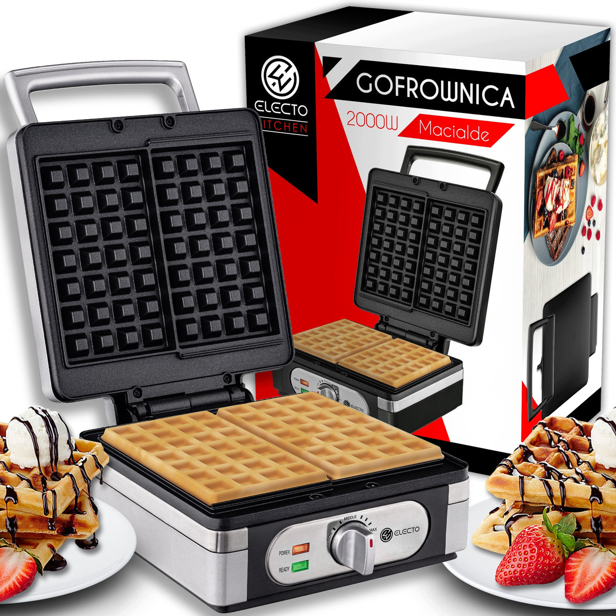 ELECTO 2000W WAFFLE MAKER WITH TEMPERATURE CONTROL 2 LARGE CRISPY WAFFLES XXL