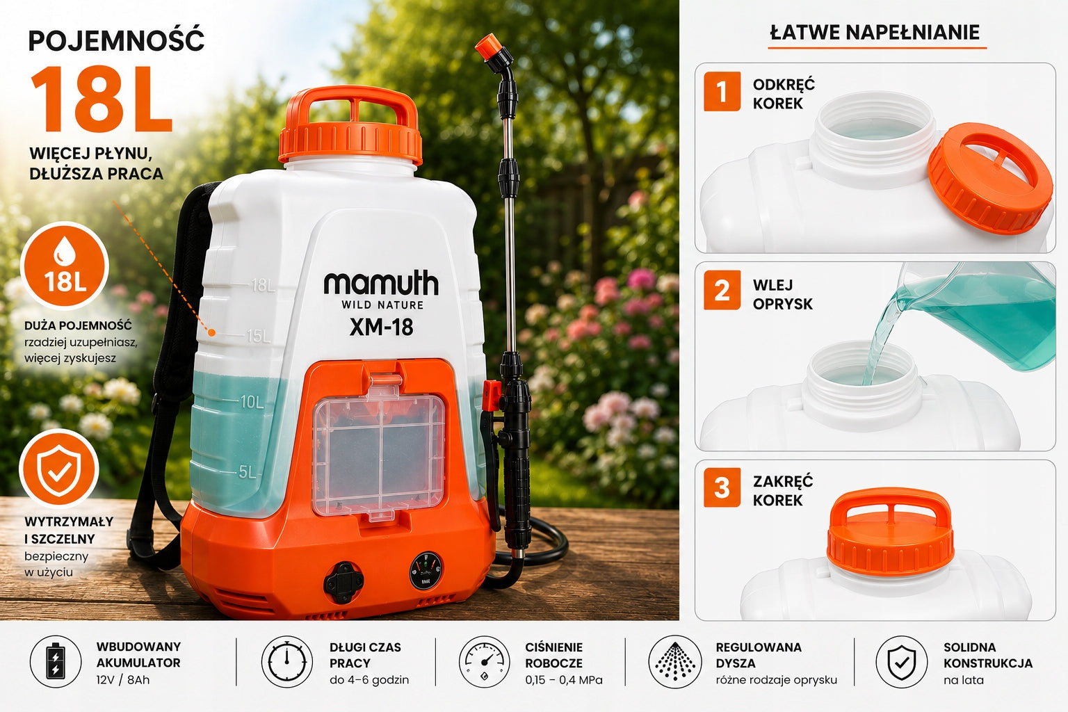 ELECTRIC BACKPACK SPRAYER CORDLESS GARDEN 18L XM-18 MAMUTH Brand MAMUTH