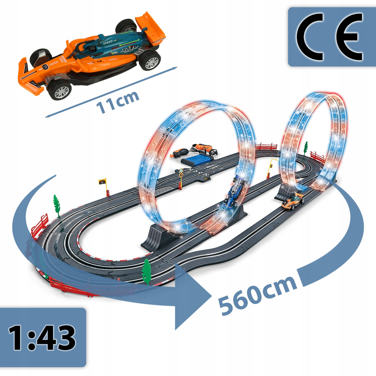 ELECTRIC CAR RACE TRACK 560cm backlight 2 loops + Cars Brand Stator