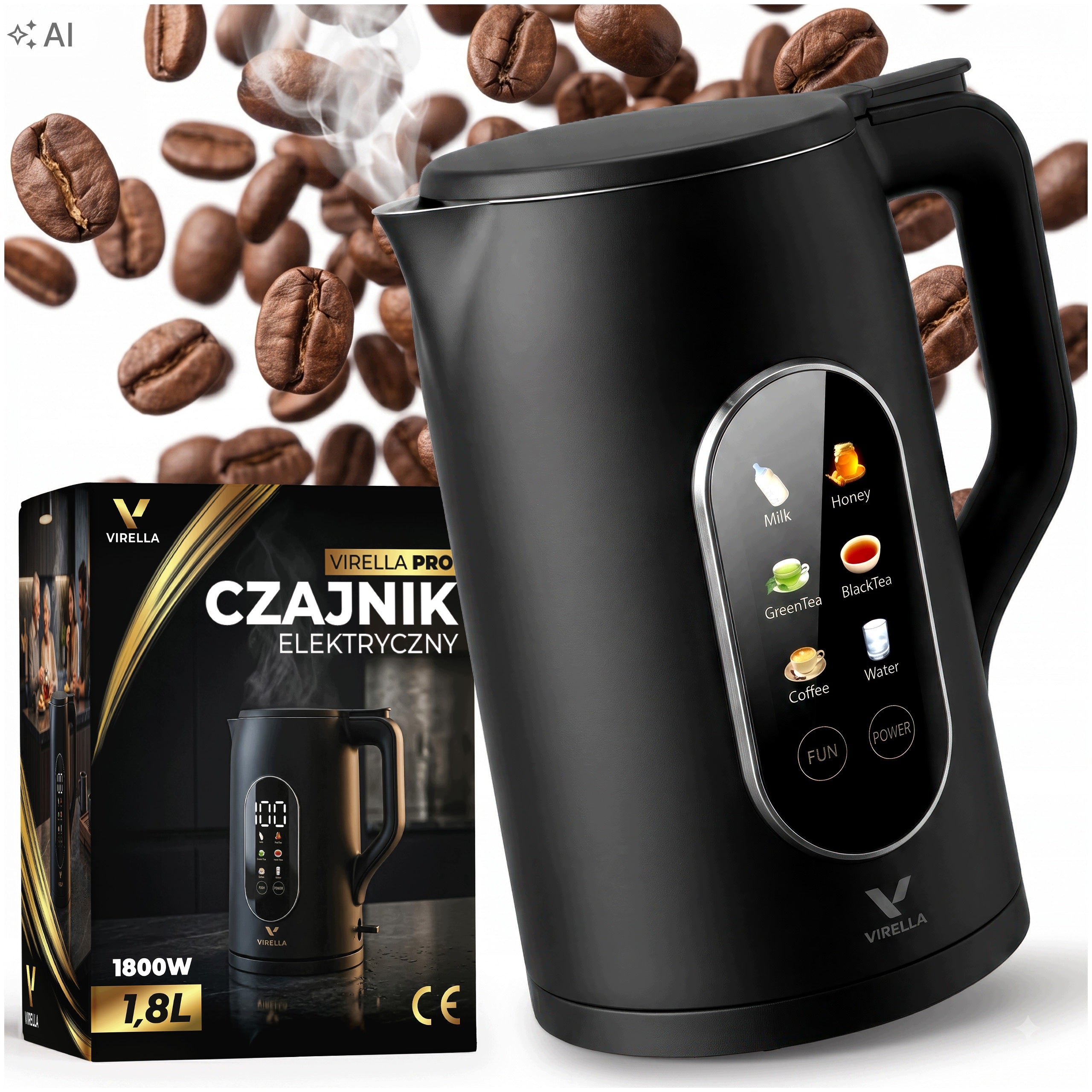 ELECTRIC CORDLESS KETTLE 1,8l 1800W BLACK TEMPERATURE CONTROL