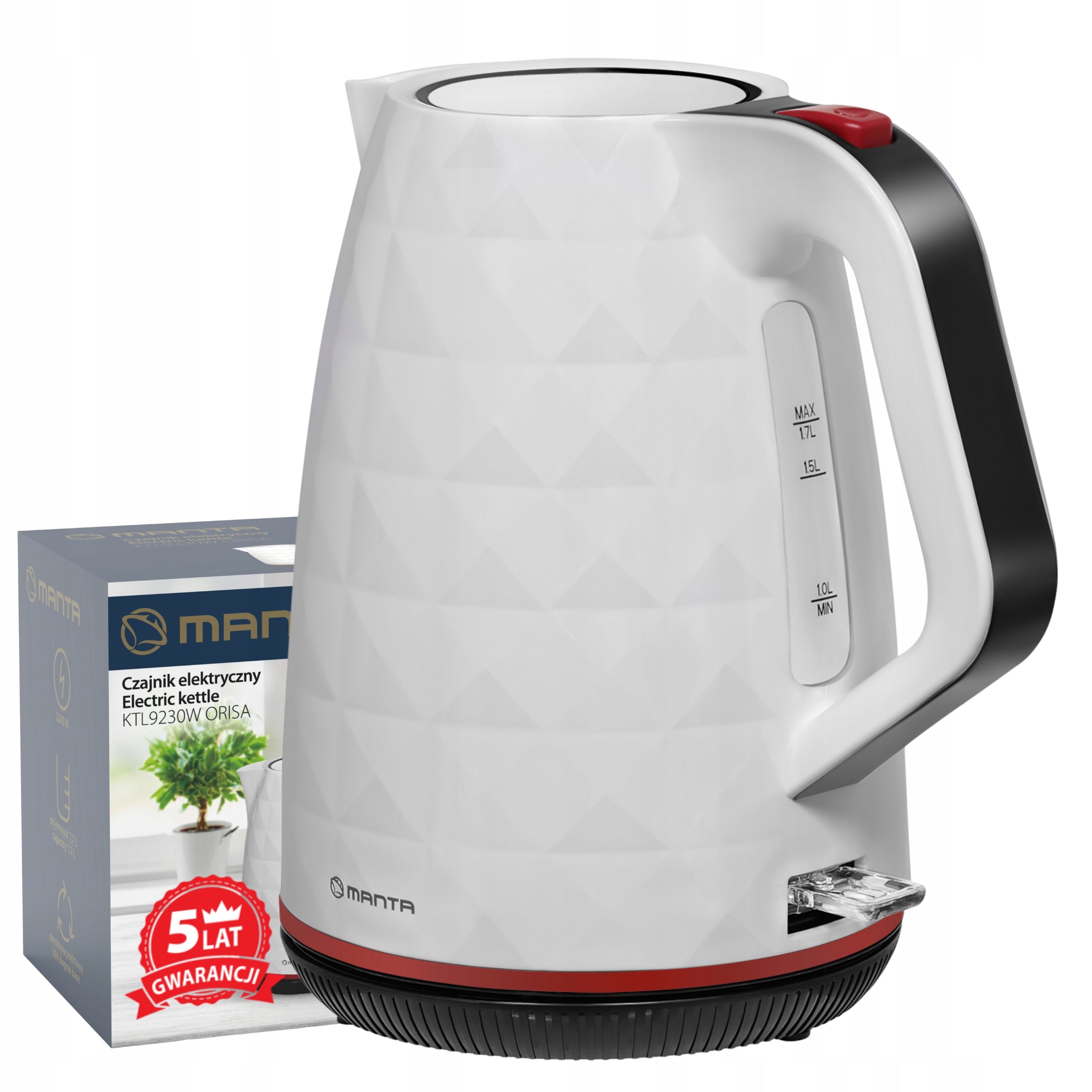 ELECTRIC CORDLESS KETTLE FOR TEA COFFEE WHITE QUIET 2200W 1,7L