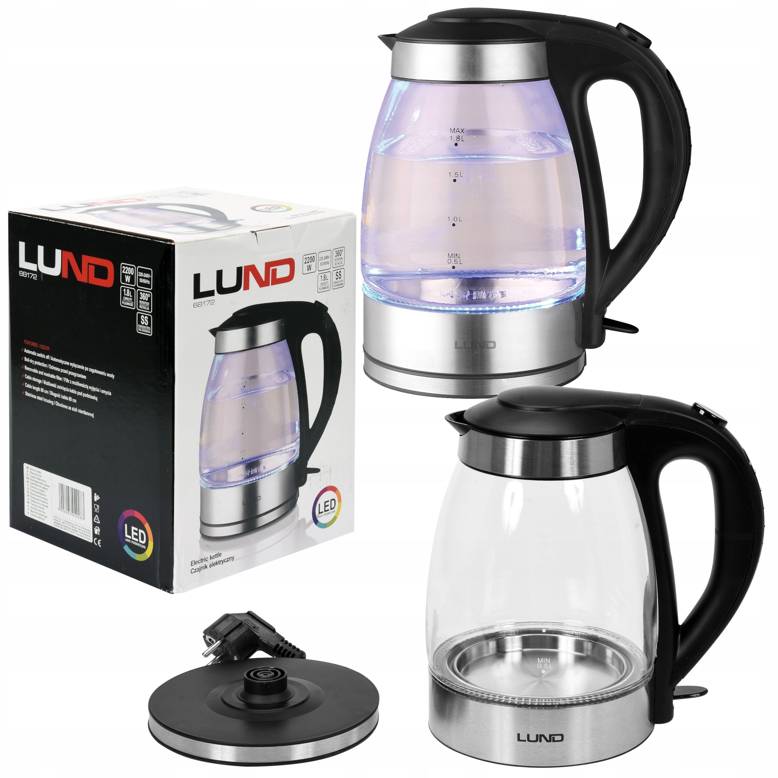 ELECTRIC GLASS KETTLE 1,8L WIRELESS ILLUMINATED LED 2200W LUND