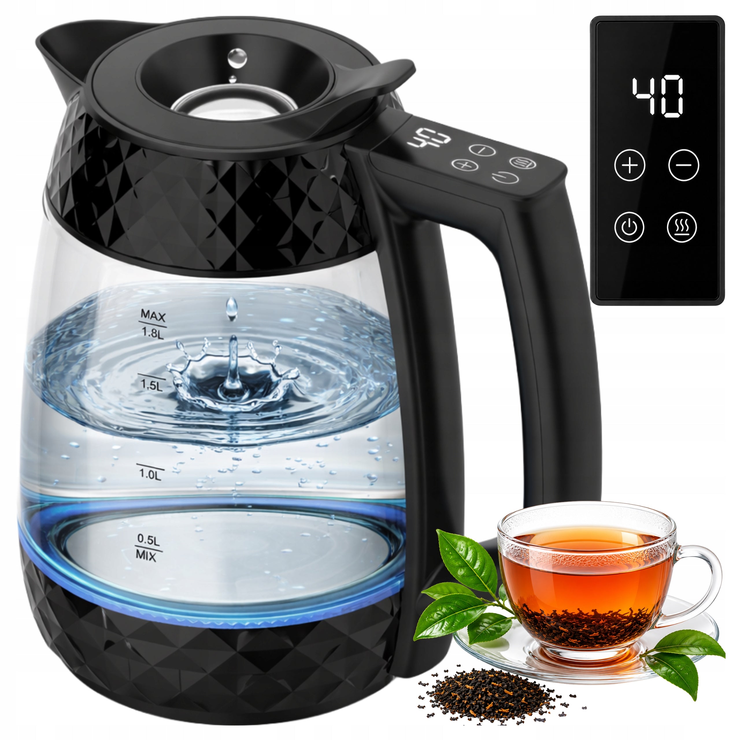 ELECTRIC GLASS KETTLE WITH TEMPERATURE CONTROL LED 1,8L WIRELESS