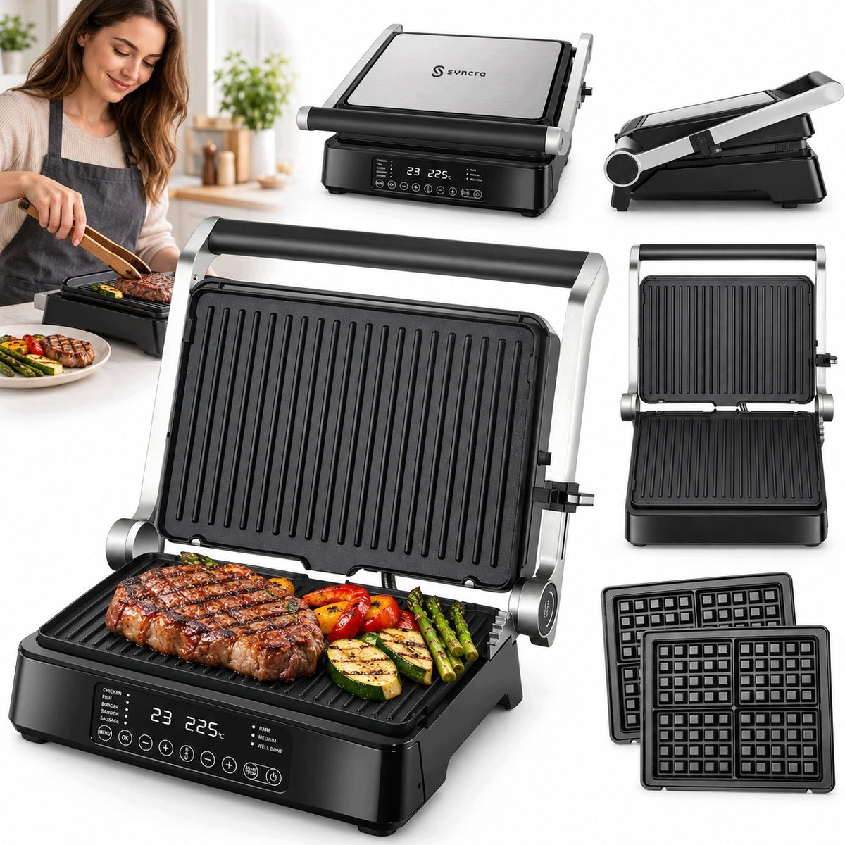 ELECTRIC GRILL FOR TOAST SANDWICH WAFFLES LARGE ROOMY 2000W SOLDINY
