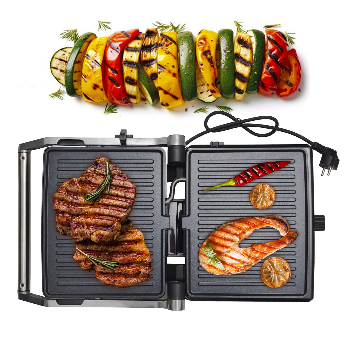 ELECTRIC GRILL LARGE 2000 IN FOLDING SANDWICH TOASTER KAMILLE Power rating 2000 W