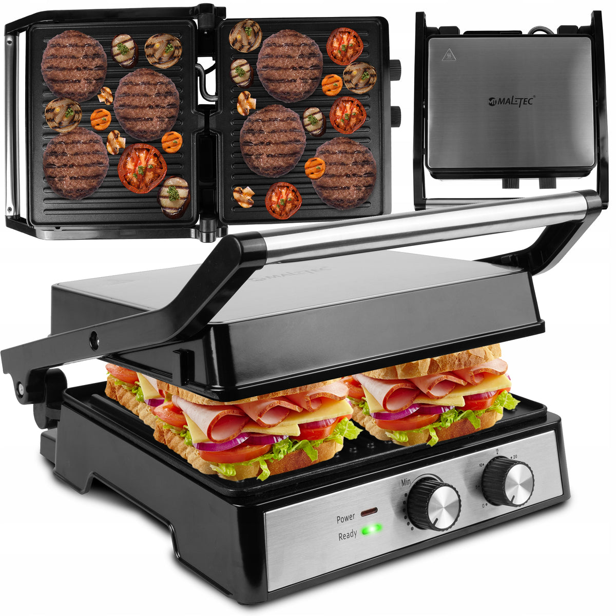 ELECTRIC GRILL POWERFUL 2500W FOLDING SANDWICH TOASTER AND PANINI TIMER Brand Maltec