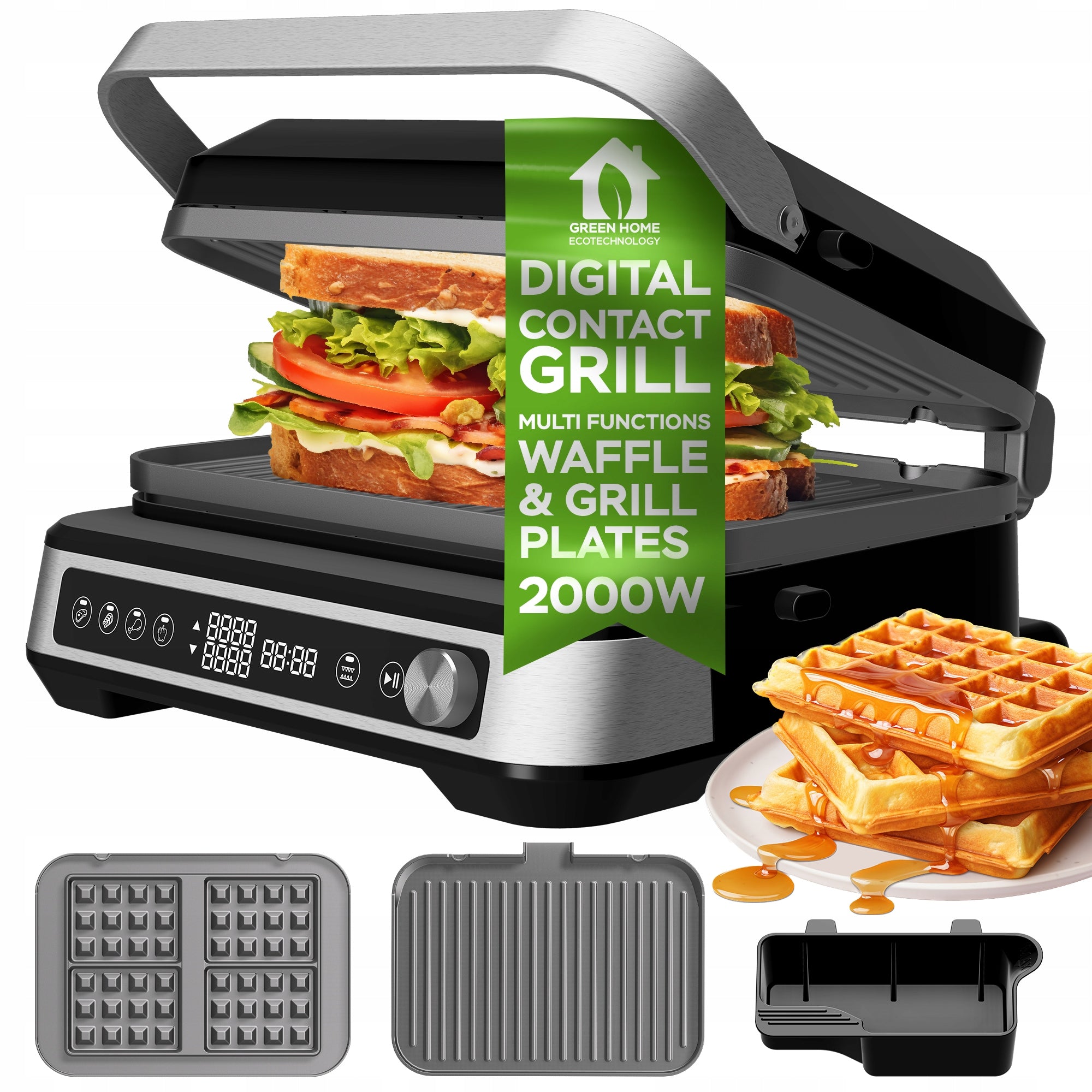 ELECTRIC GRILL & WAFFLE IRON 2000W 230°C FOLDING TOASTER PANINI