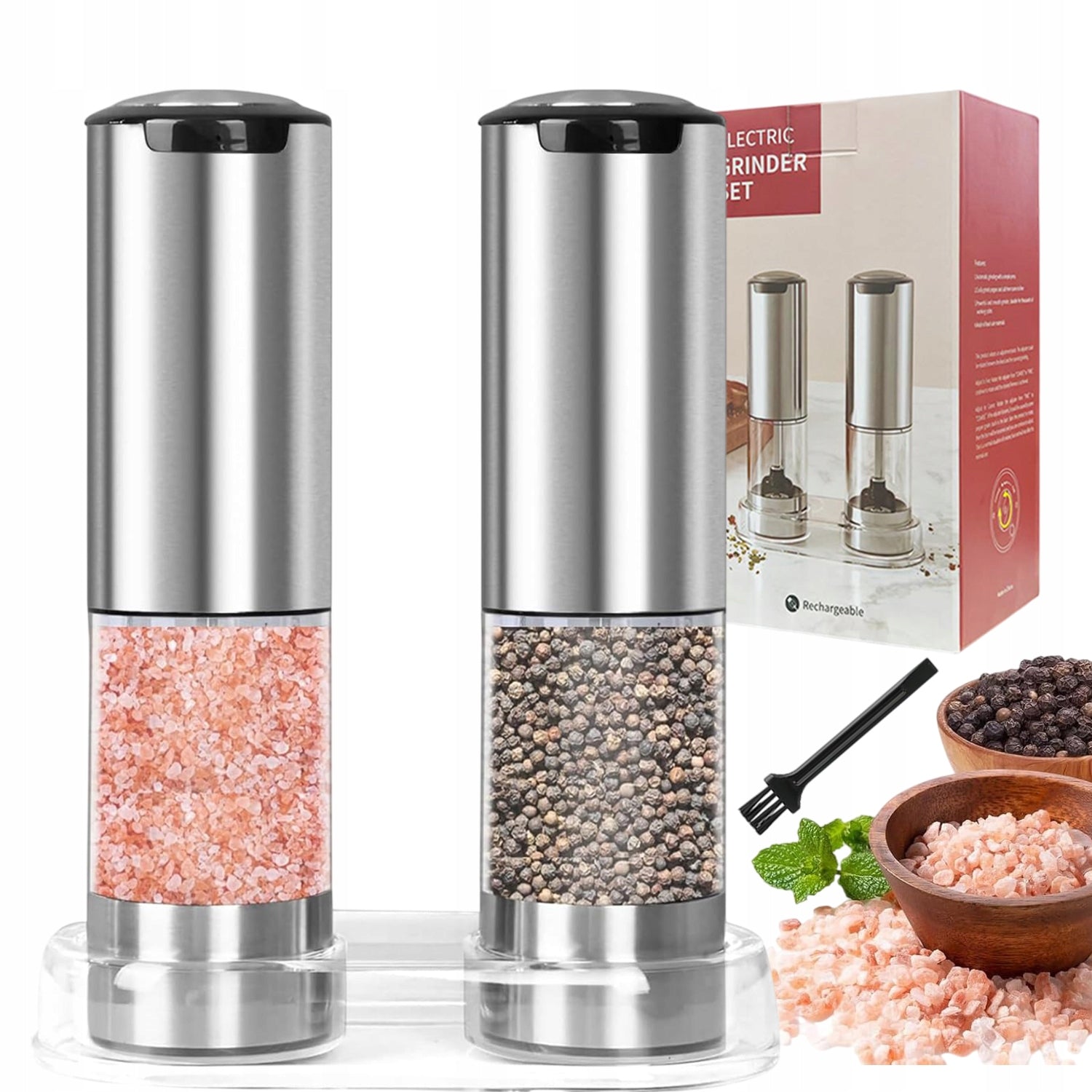 ELECTRIC GRINDER FOR SALT AND PEPPER USB SET OF 2 SILVER ADJUSTABLE