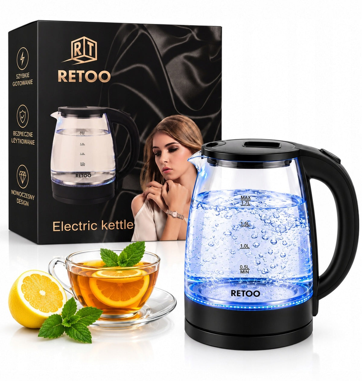ELECTRIC KETTLE GLASS WIRELESS BACKLIT LED 1,7L 2200W STRONG Packaging status original