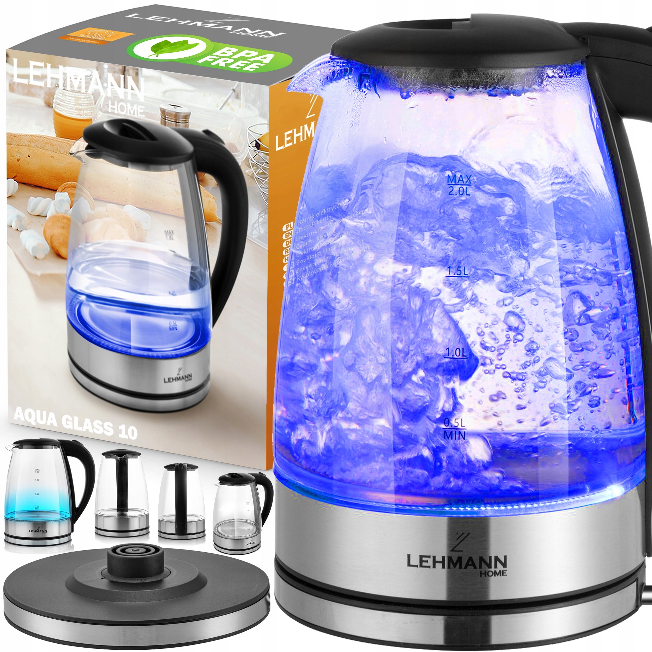 ELECTRIC KETTLE GLASS WIRELESS BACKLIT WITH LED 2L QUIET 2200W