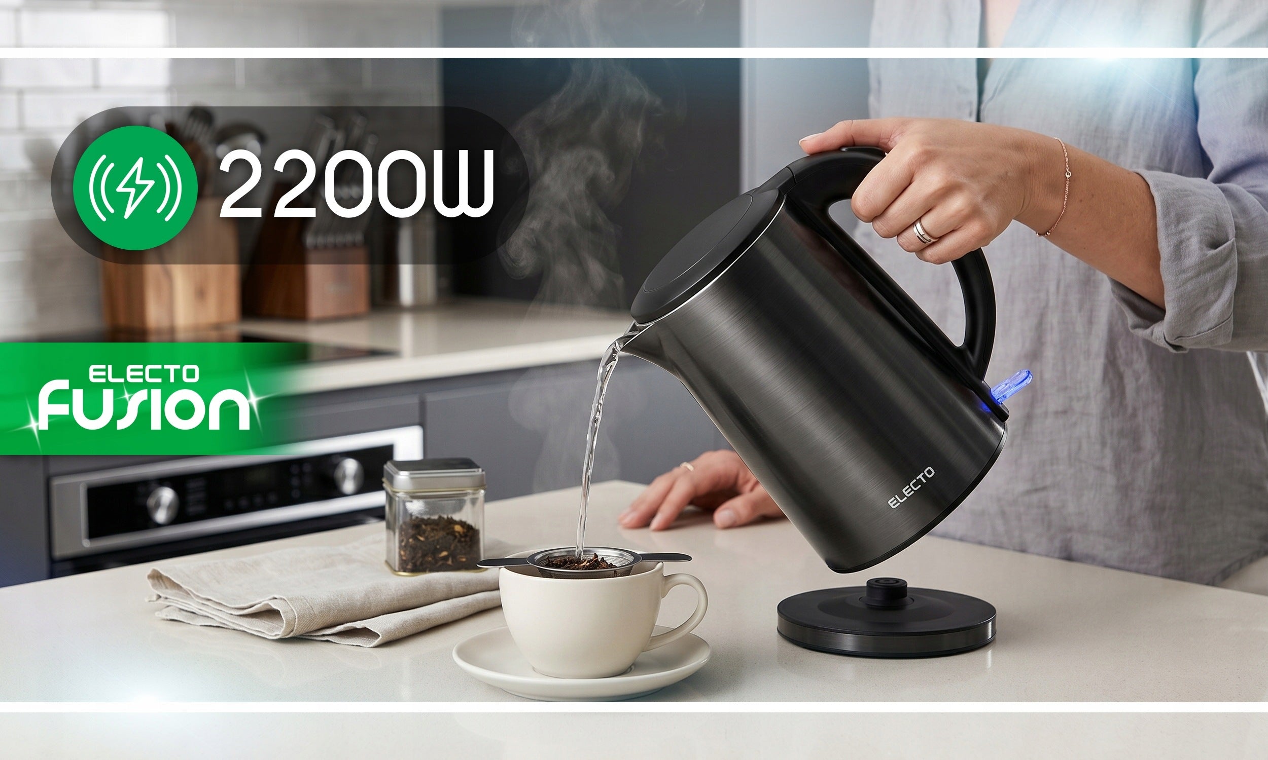 ELECTRIC KETTLE STEEL 1.7L WIRELESS STRONG BLACK 2200W QUIET Brand Electo