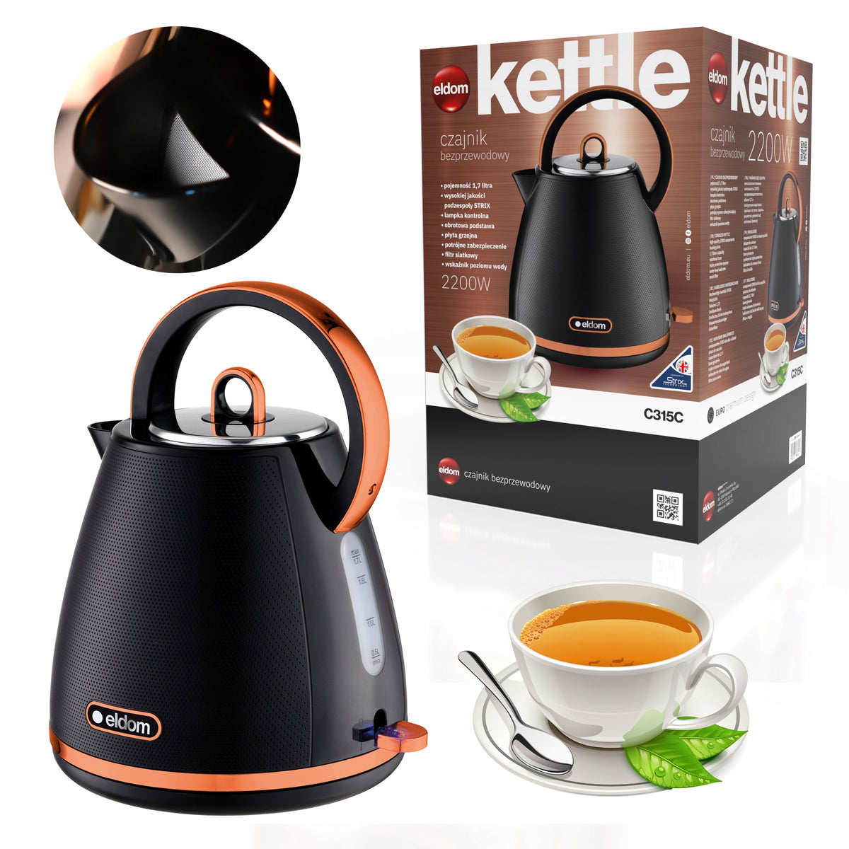 ELECTRIC KETTLE WIRELESS BLACK 2200W 1,7l STRIX ELDOM C315c