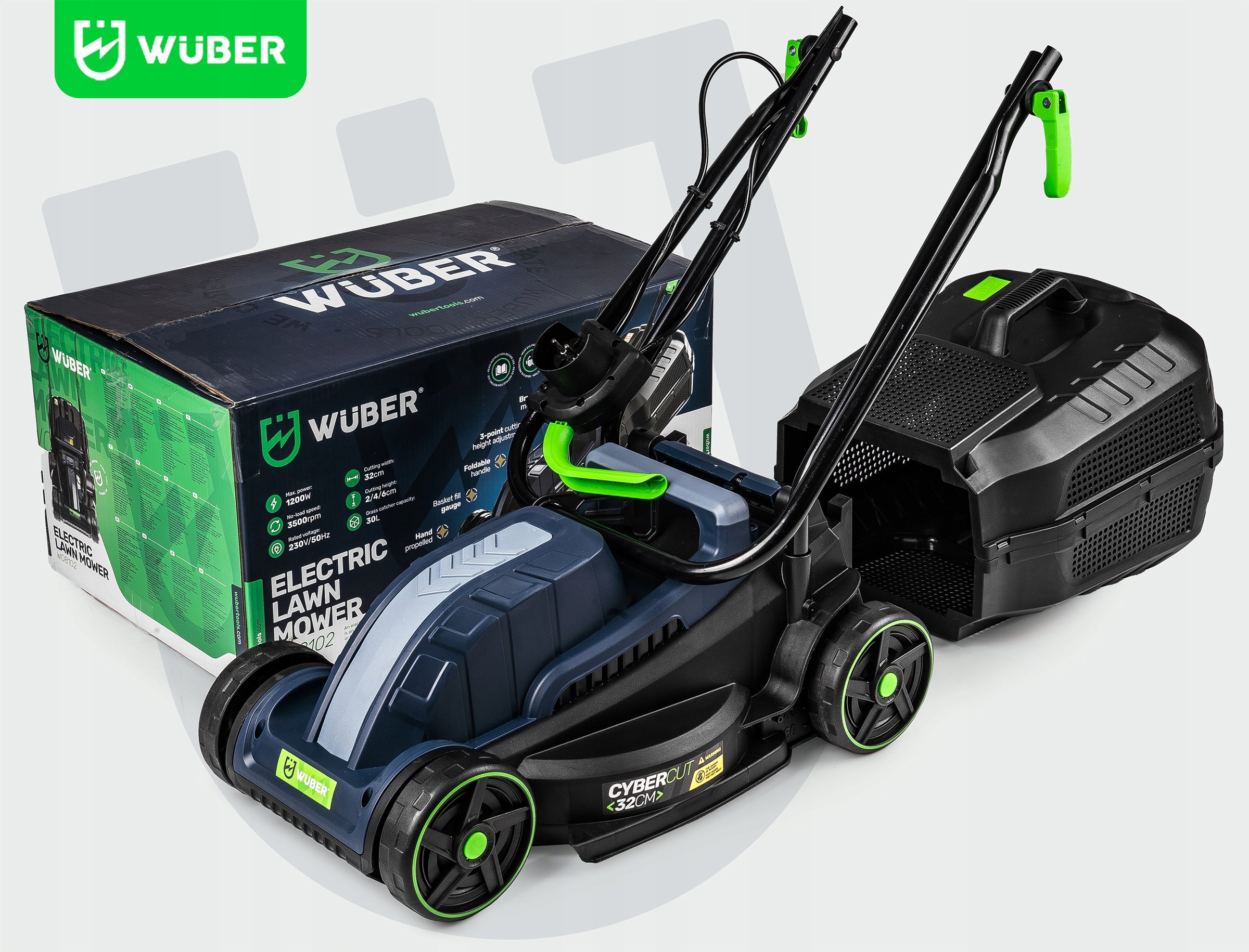 ELECTRIC LAWN MOWER WITH ADJUSTABLE 20-60MM FOR GRASS LIGHT STRONG 30L-BASKET 32CM Series KOSIARKI ELEKTRYCZNE DO TRAWY WUBER